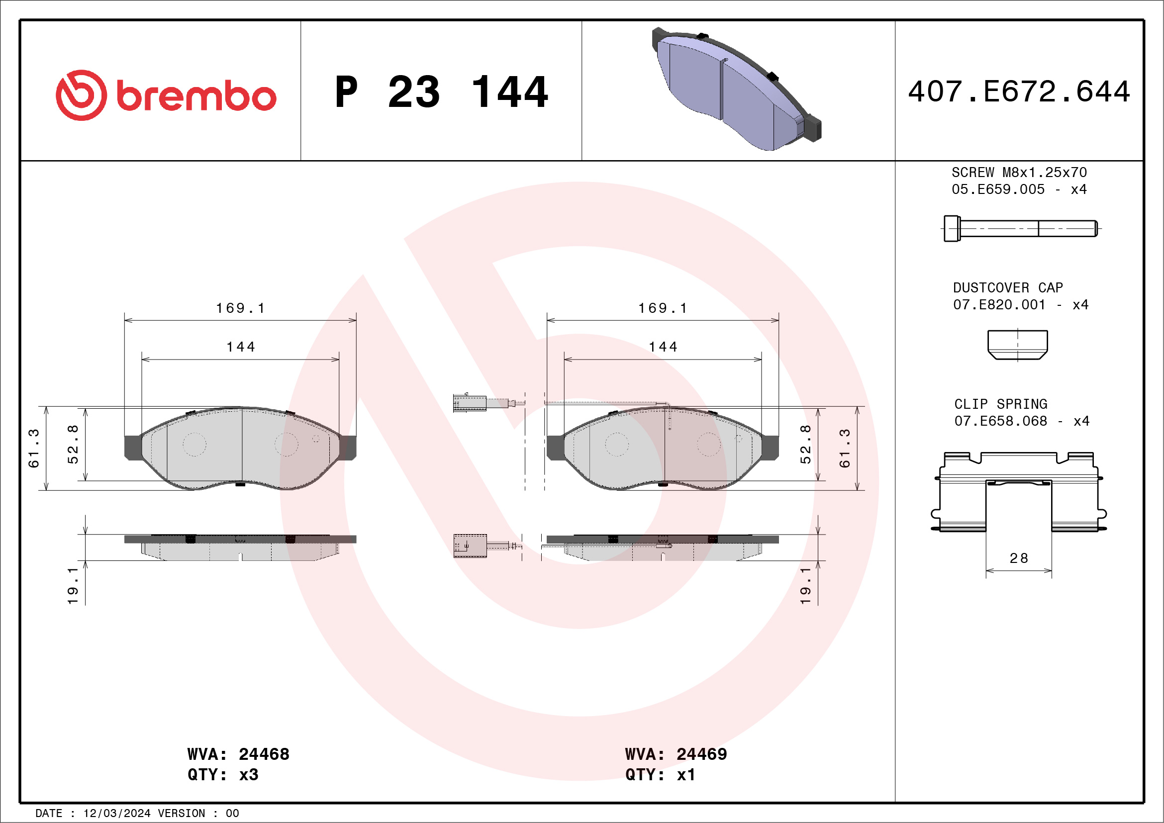 Jogo de 4 pastilhas de travão BREMBO ref. P 23 144