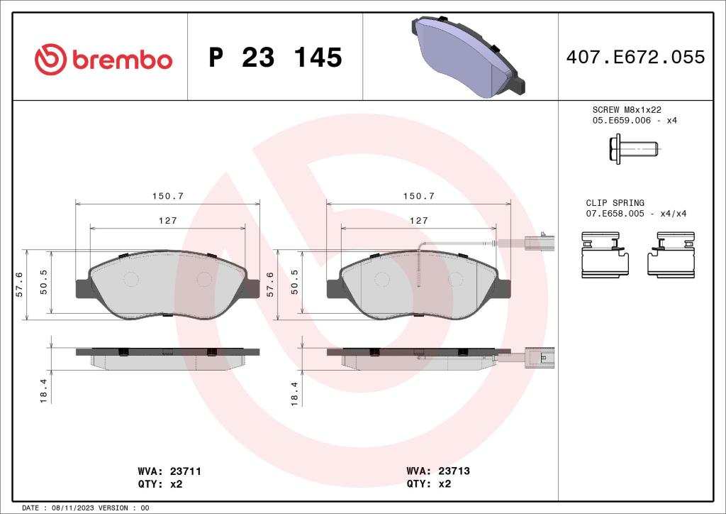 Jogo de 4 pastilhas de travão BREMBO ref. P 23 145