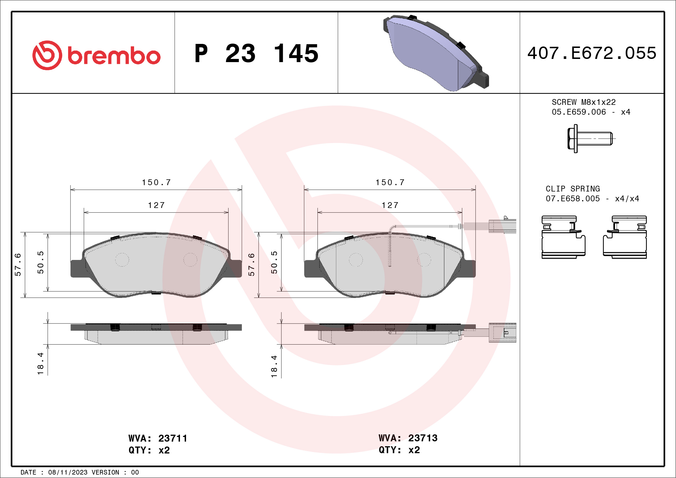 Jogo de 4 pastilhas de travão BREMBO ref. P 23 145