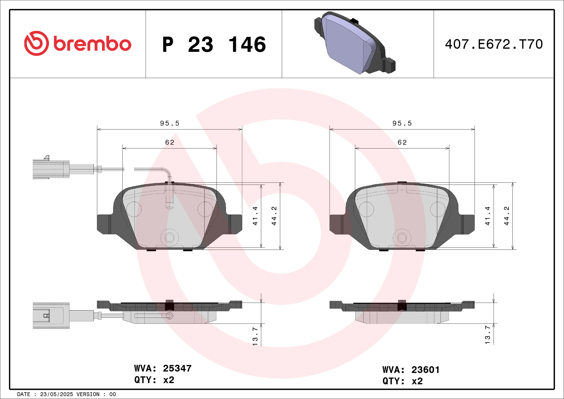 Jogo de 4 pastilhas de travão BREMBO ref. P 23 146