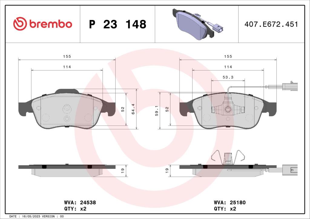 Jeu de 4 plaquettes de frein BREMBO ref. P 23 148