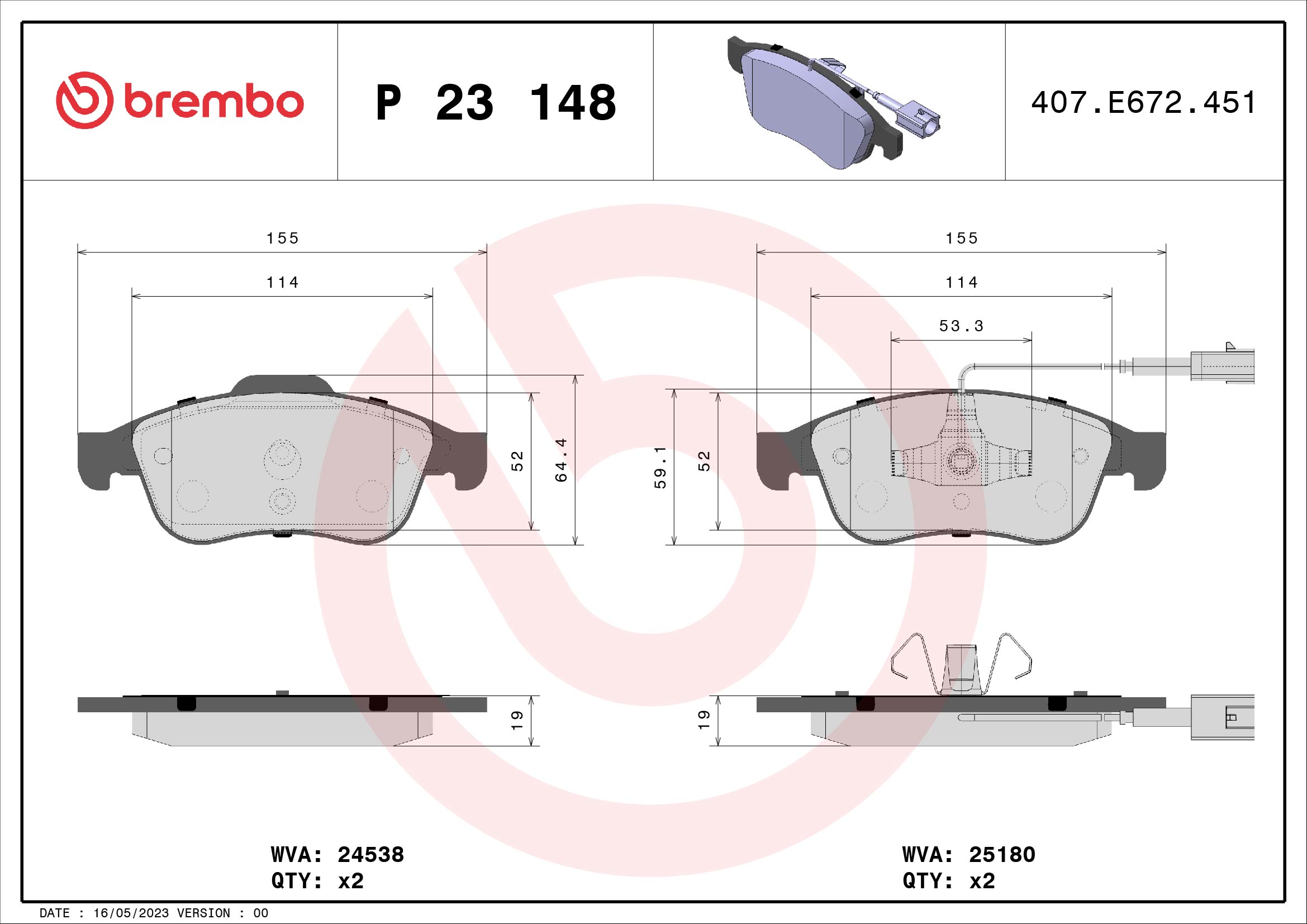 Jeu de 4 plaquettes de frein BREMBO ref. P 23 148
