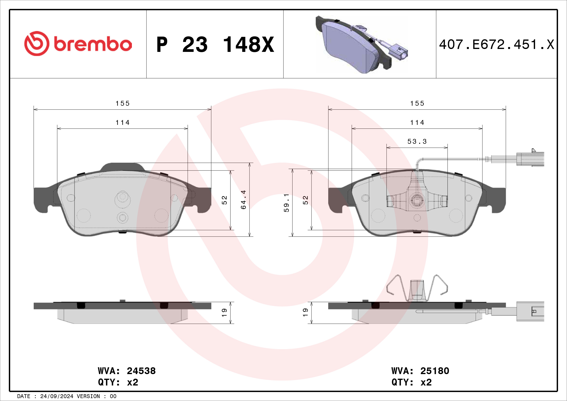 Jogo de 4 pastilhas de travão BREMBO ref. P 23 148X