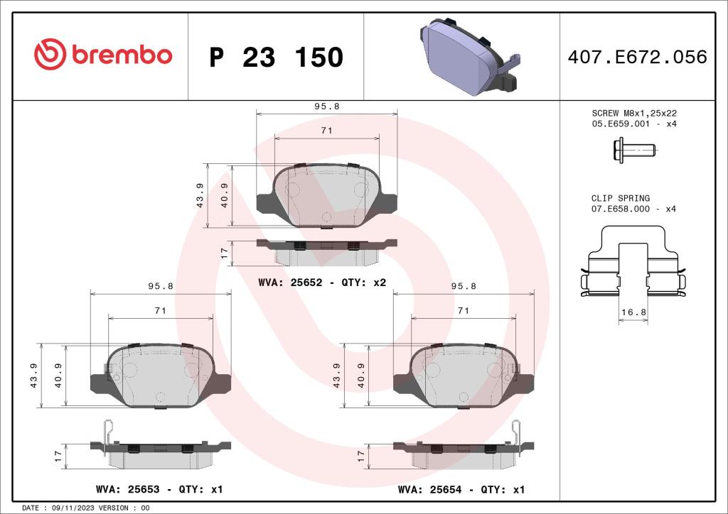 Jogo de 4 pastilhas de travão BREMBO ref. P 23 150
