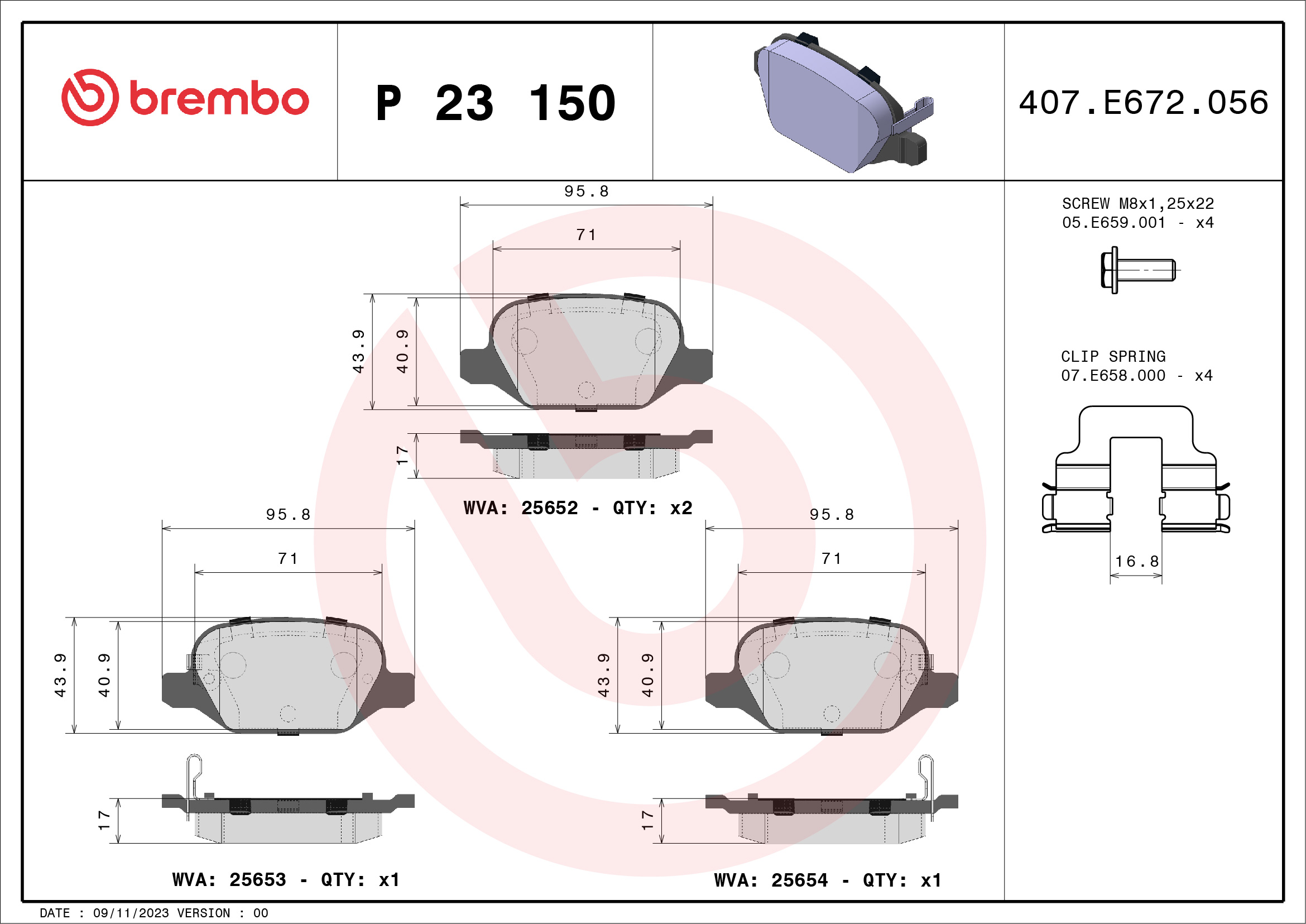 Jogo de 4 pastilhas de travão BREMBO ref. P 23 150