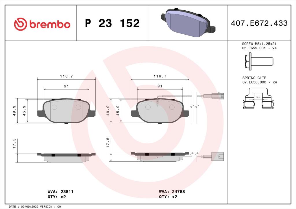 Jeu de 4 plaquettes de frein BREMBO ref. P 23 152