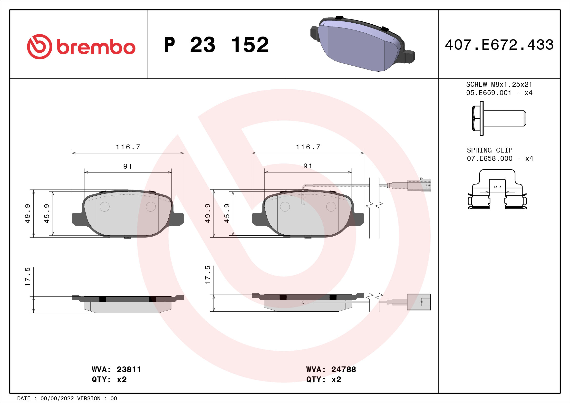 Jeu de 4 plaquettes de frein BREMBO ref. P 23 152