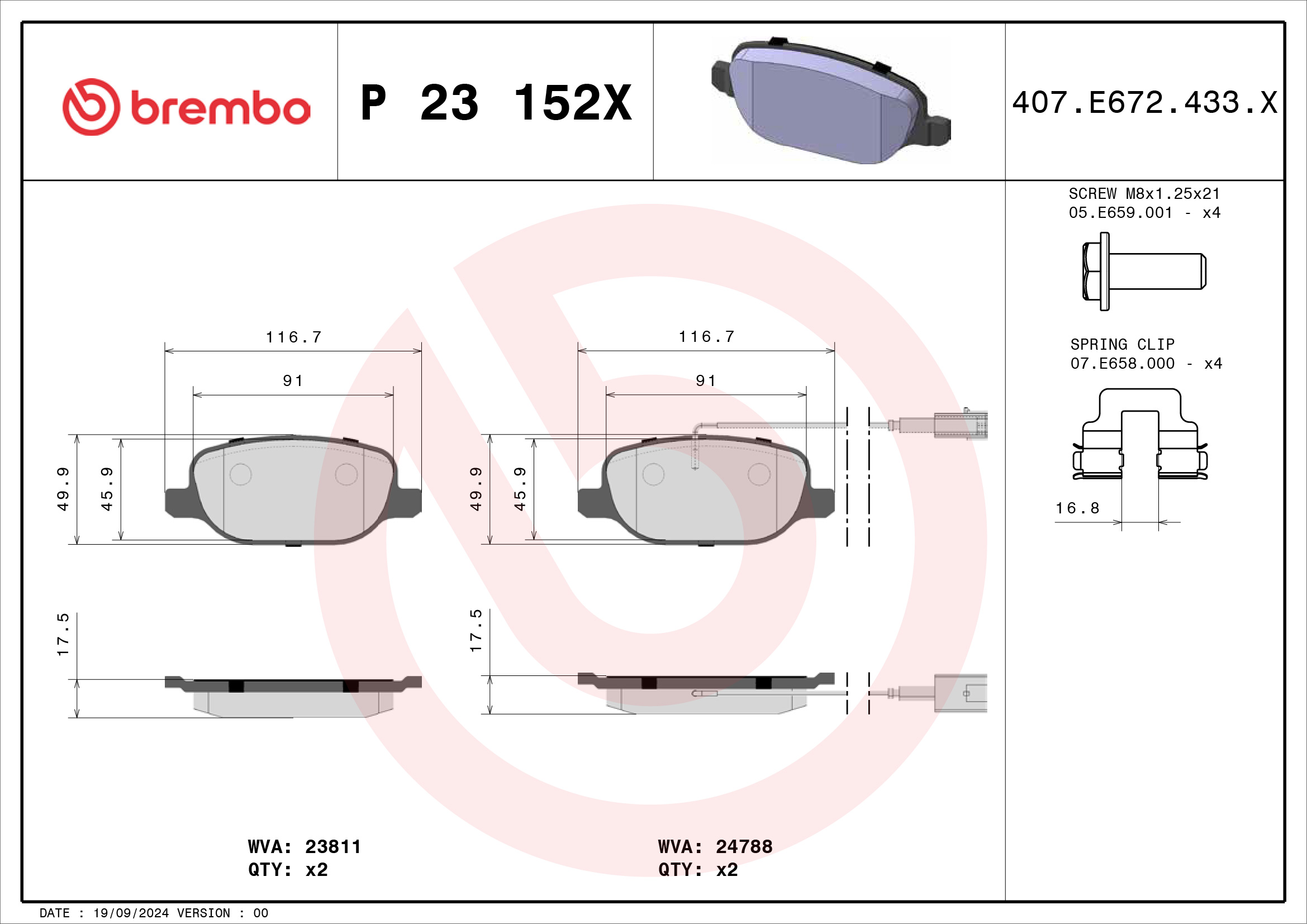 Jogo de 4 pastilhas de travão BREMBO ref. P 23 152X