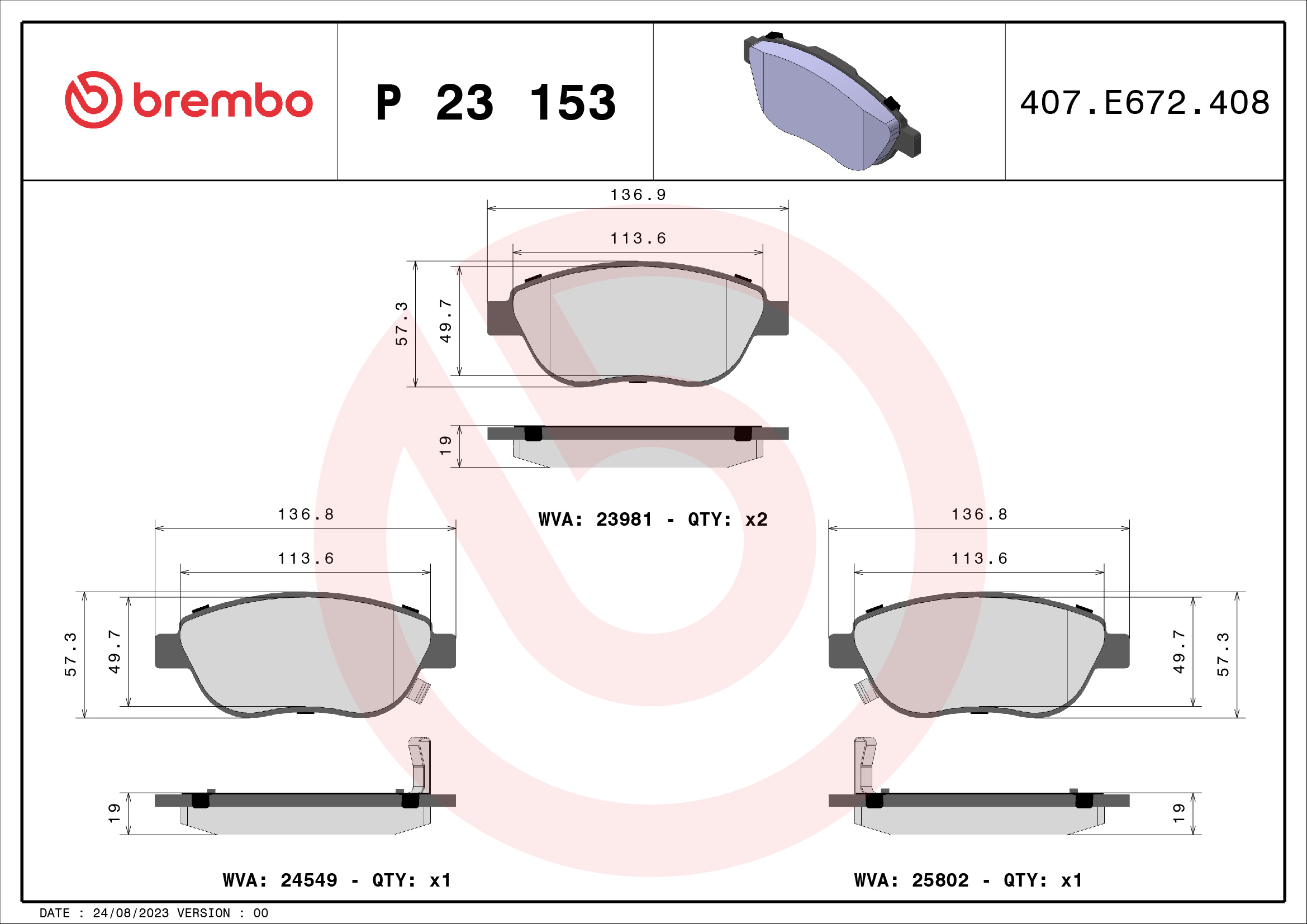 Jogo de 4 pastilhas de travão BREMBO ref. P 23 153