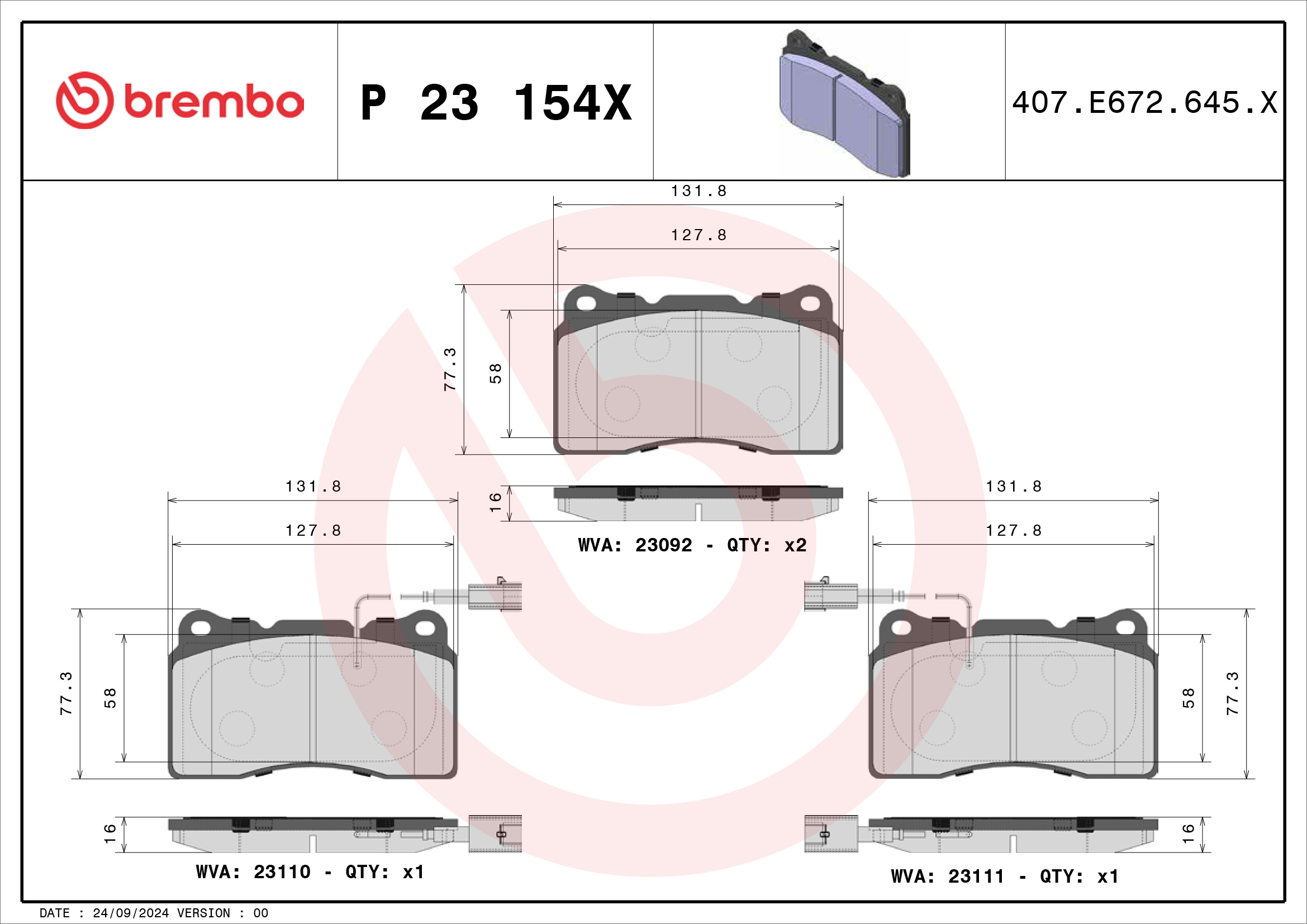 Jeu de 4 plaquettes de frein BREMBO ref. P 23 154X
