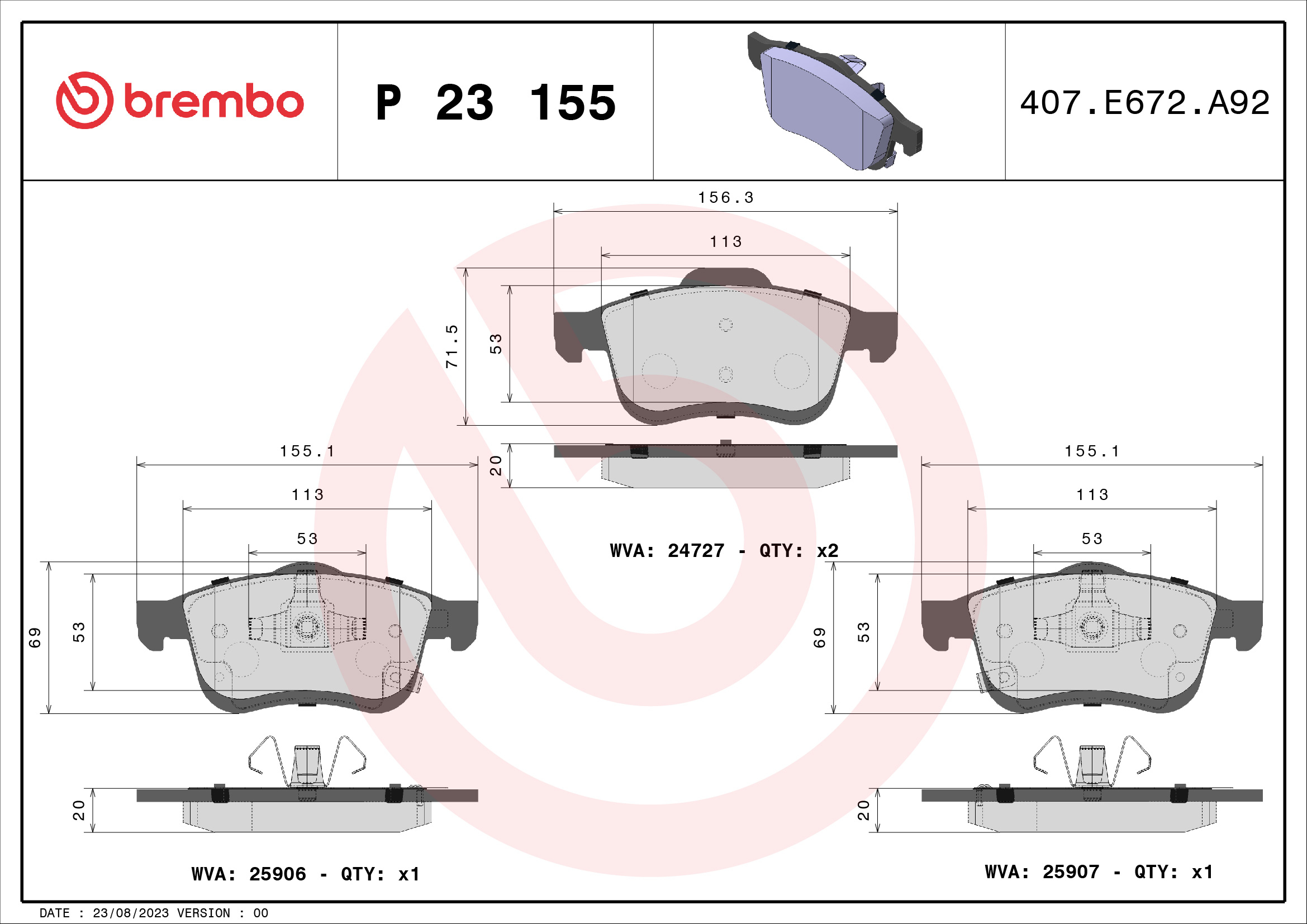 Jogo de 4 pastilhas de travão BREMBO ref. P 23 155