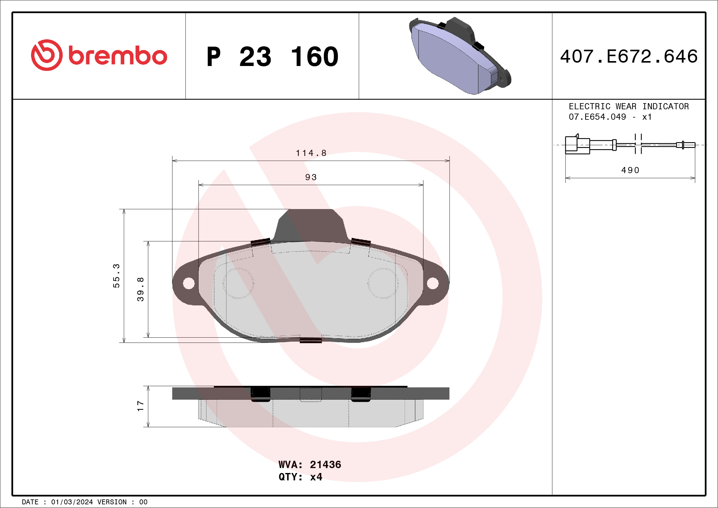 Jogo de 4 pastilhas de travão BREMBO ref. P 23 160