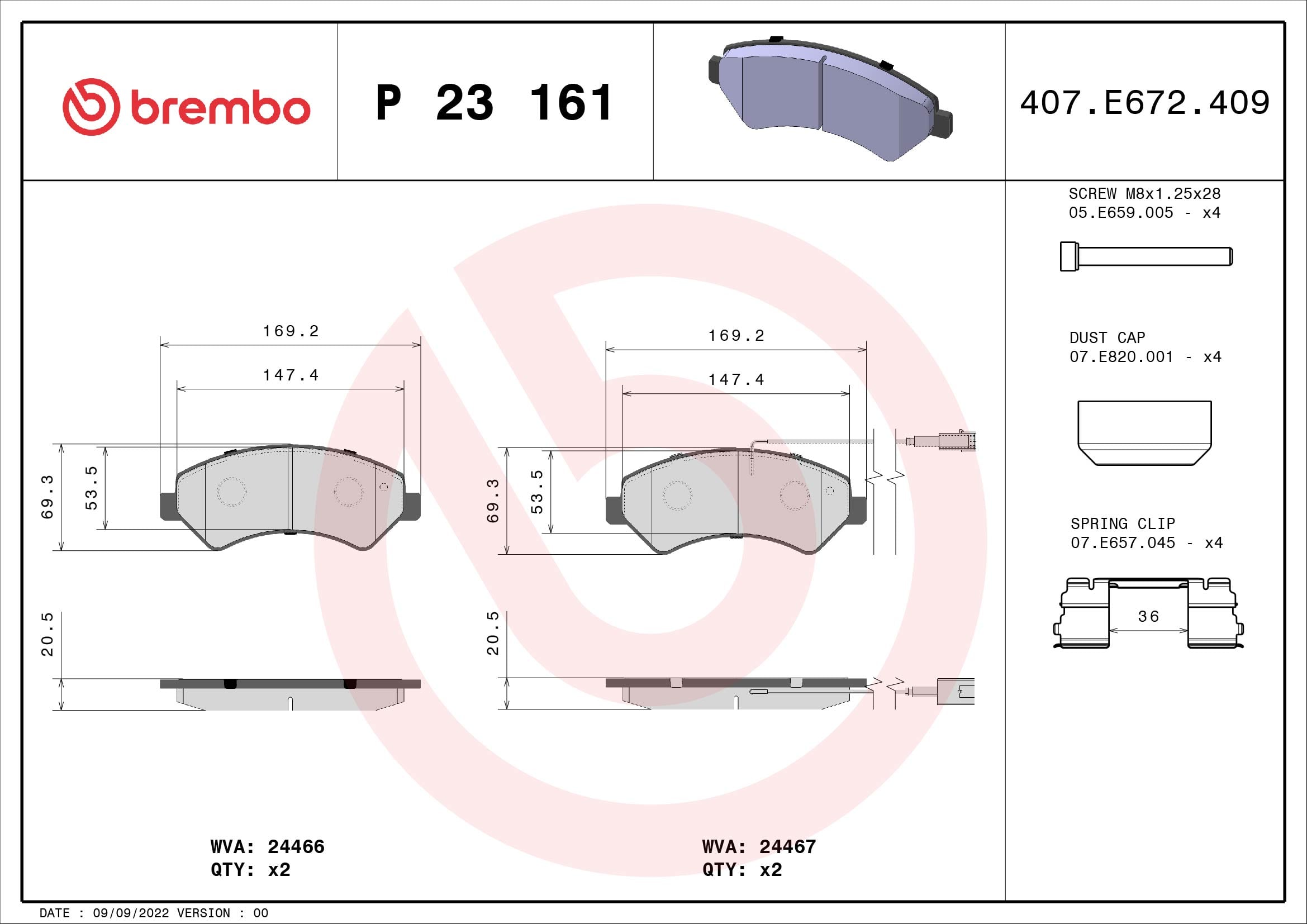 Jogo de 4 pastilhas de travão BREMBO ref. P 23 161