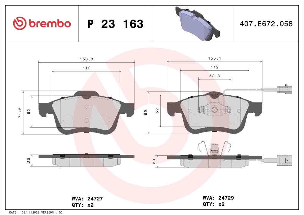 Jeu de 4 plaquettes de frein BREMBO ref. P 23 163
