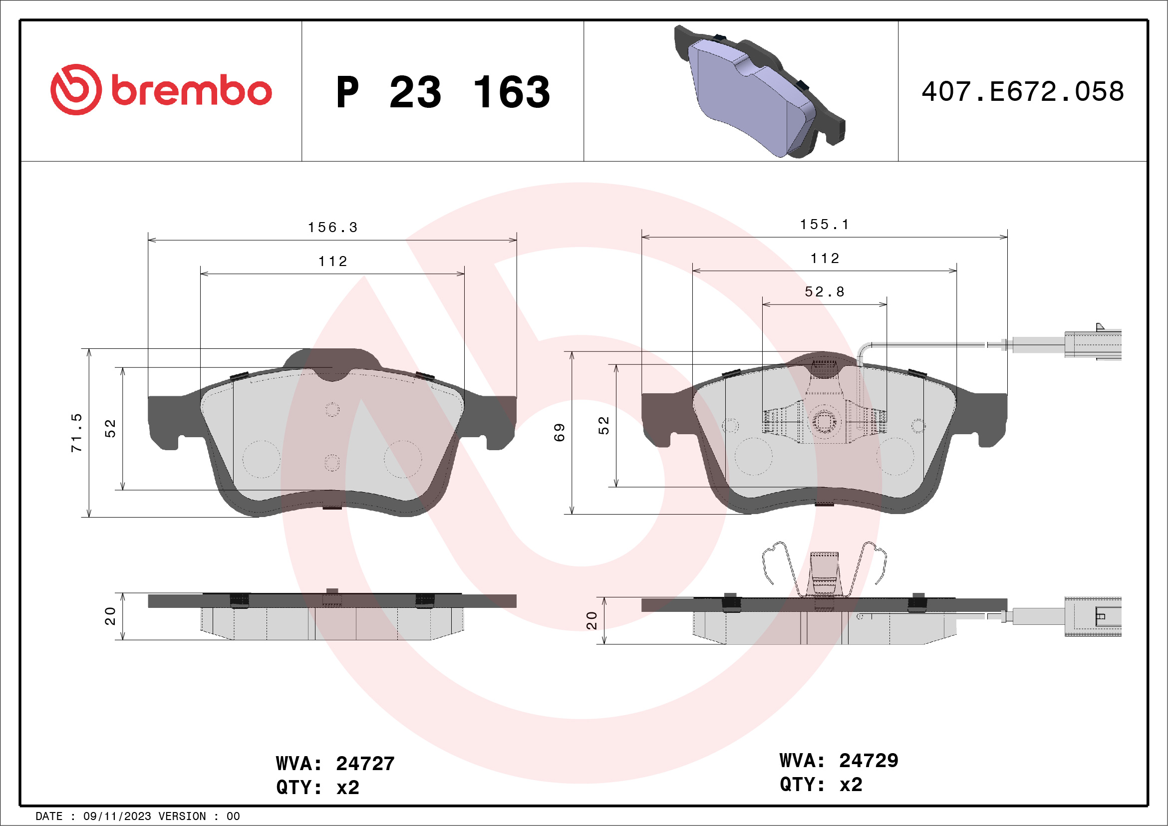 Jeu de 4 plaquettes de frein BREMBO ref. P 23 163