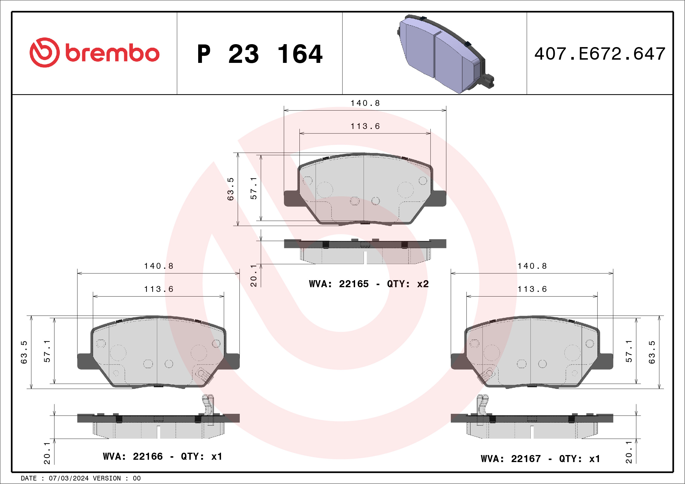 Jogo de 4 pastilhas de travão BREMBO ref. P 23 164