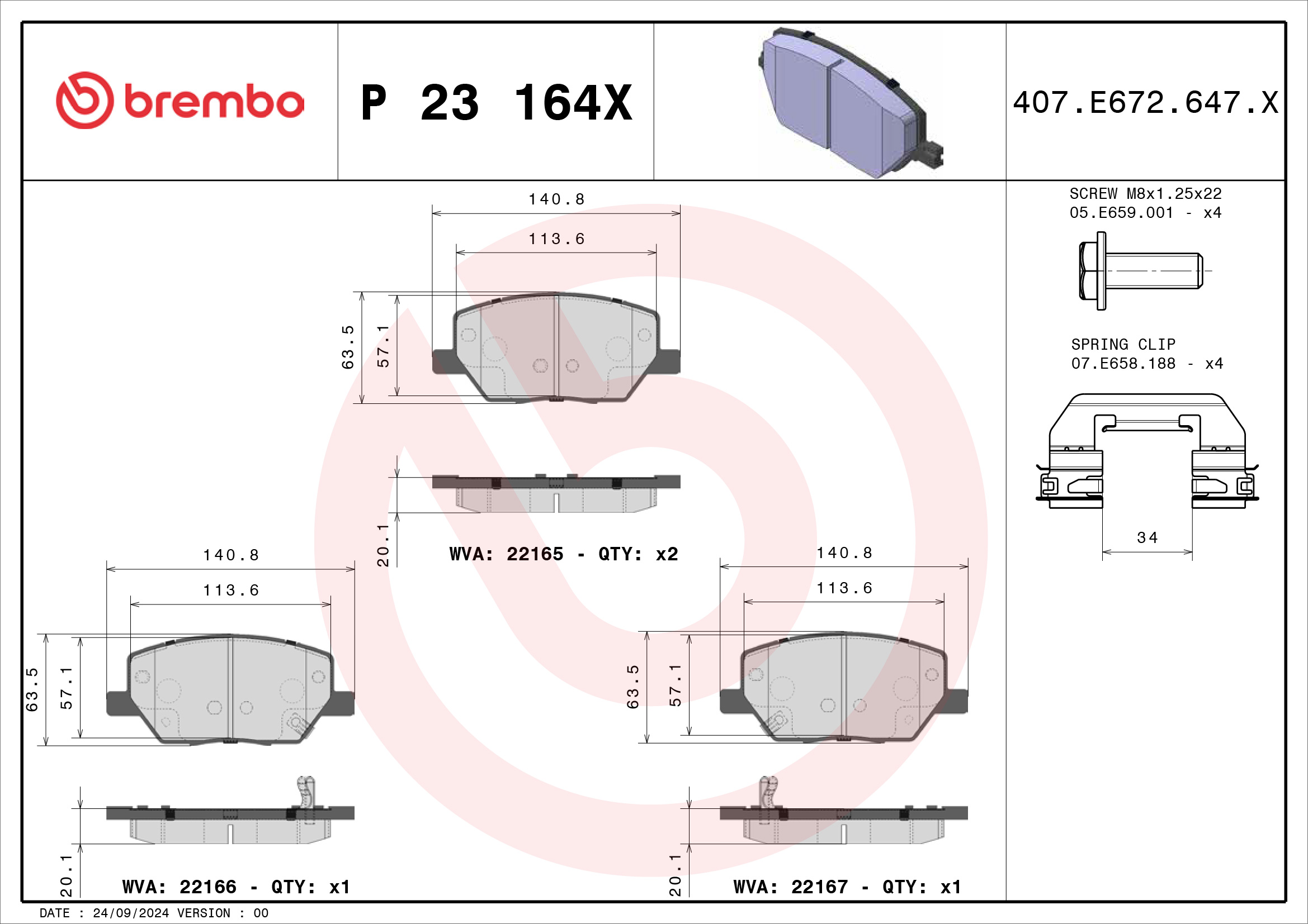 Jogo de 4 pastilhas de travão BREMBO ref. P 23 164X
