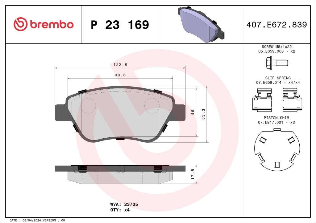 Jogo de 4 pastilhas de travão BREMBO ref. P 23 169