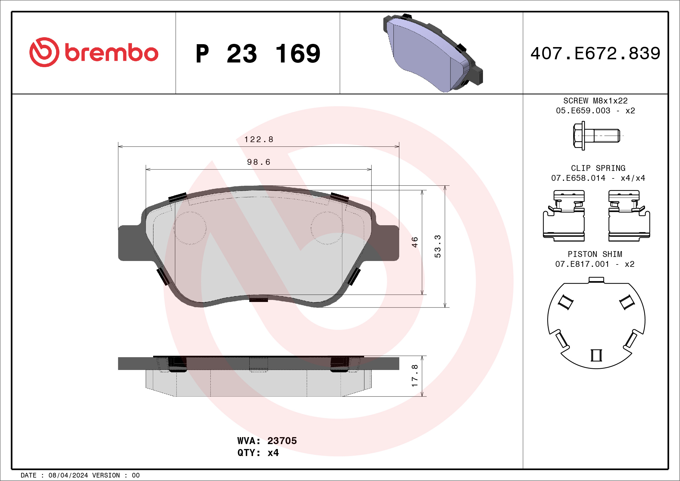 Jogo de 4 pastilhas de travão BREMBO ref. P 23 169