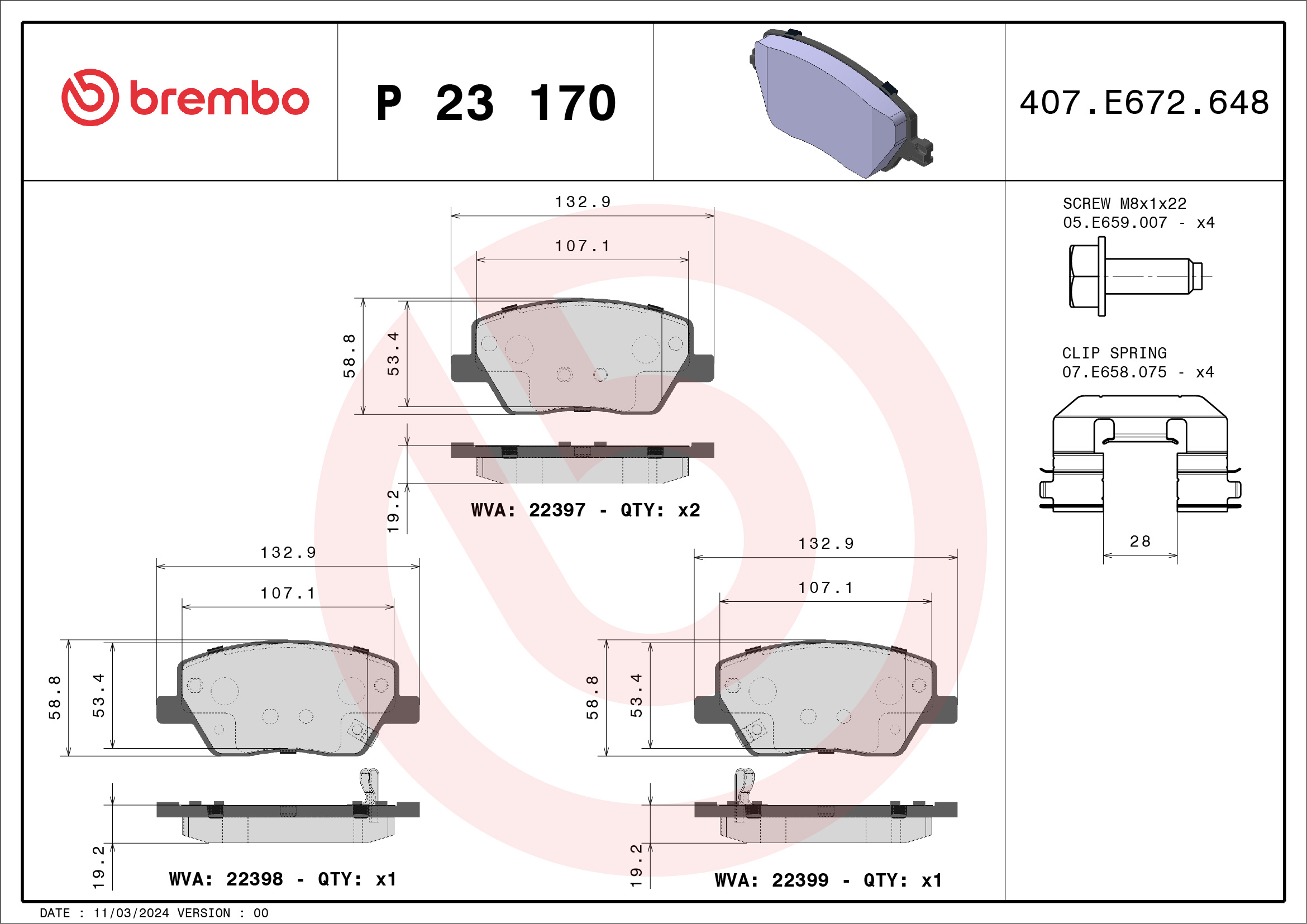 Jogo de 4 pastilhas de travão BREMBO ref. P 23 170