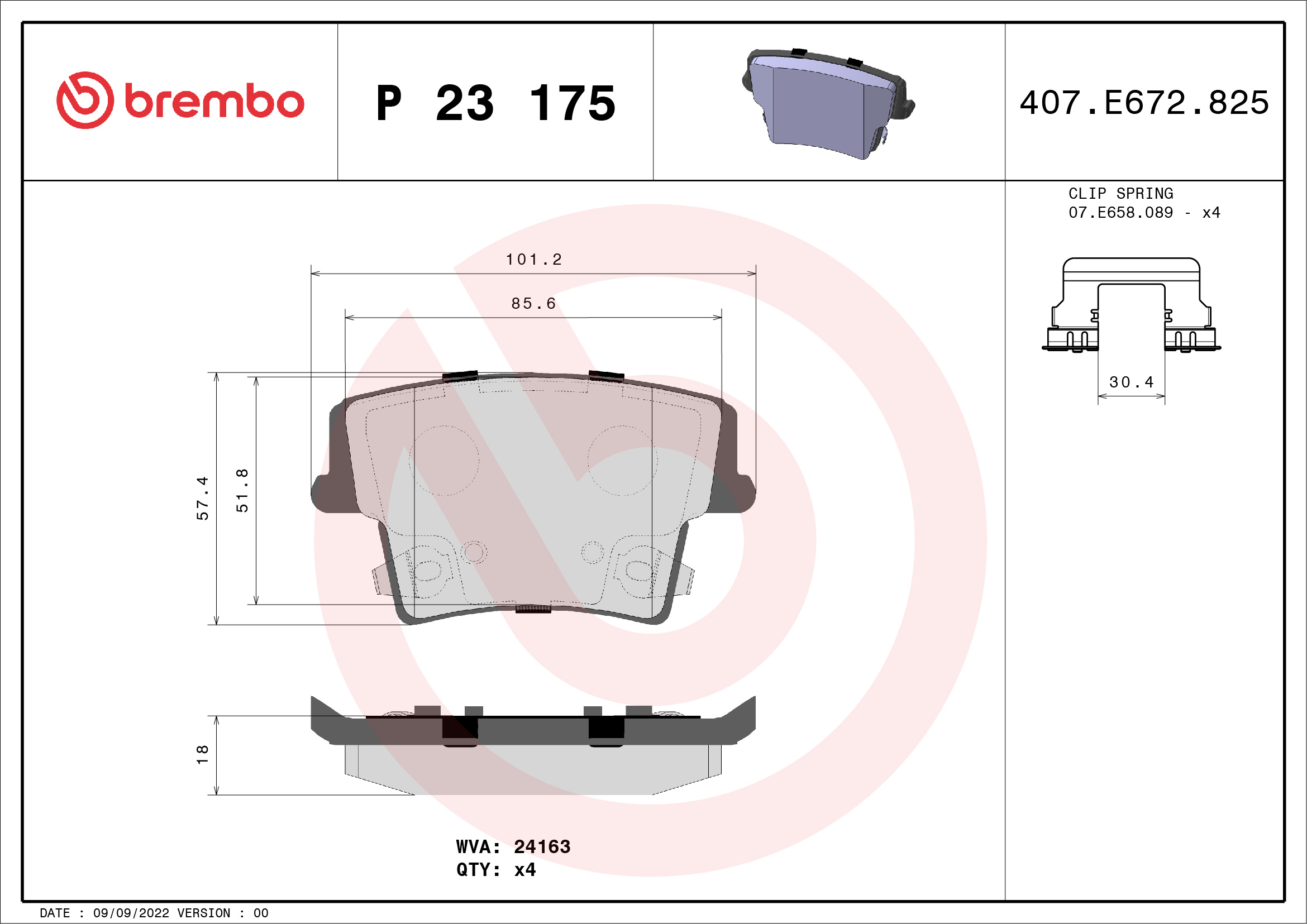 Jeu de 4 plaquettes de frein BREMBO ref. P 23 175