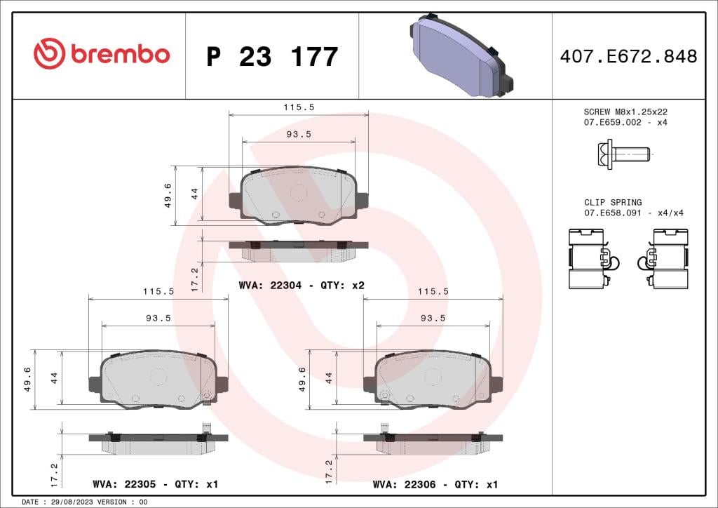 Jogo de 4 pastilhas de travão BREMBO ref. P 23 177