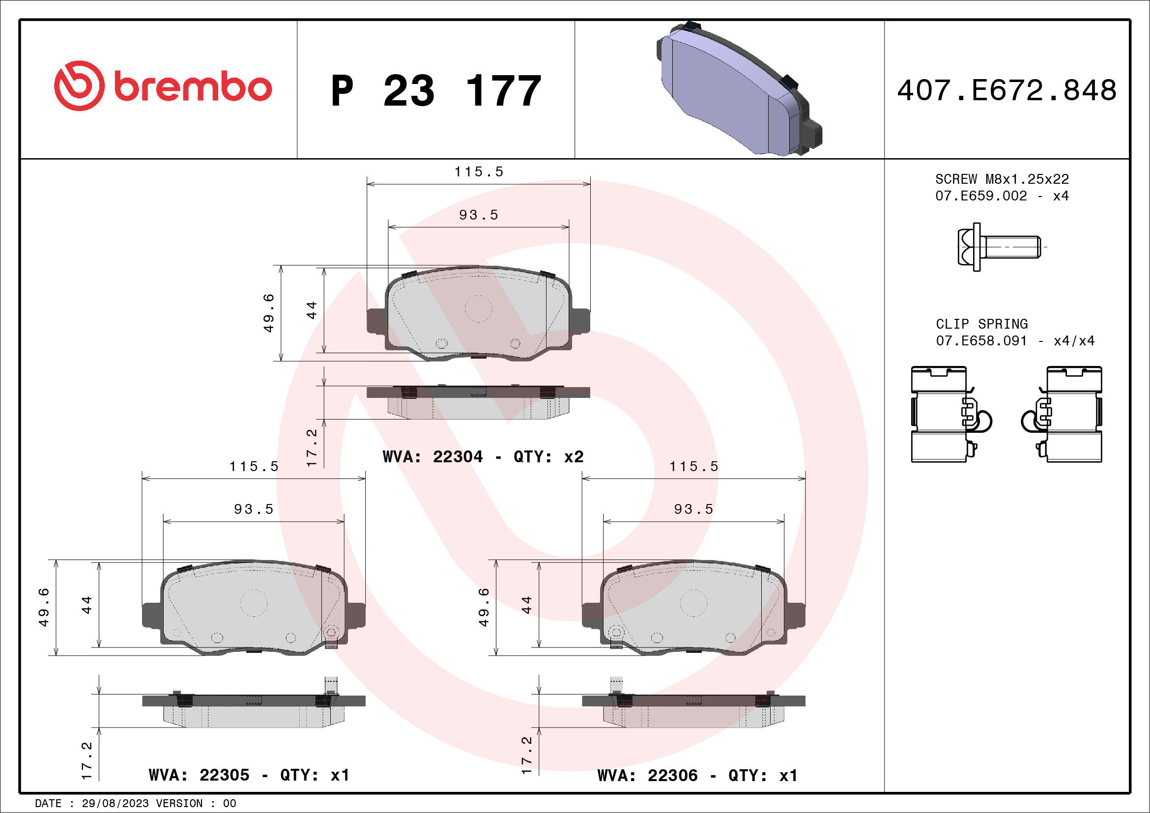 Jogo de 4 pastilhas de travão BREMBO ref. P 23 177