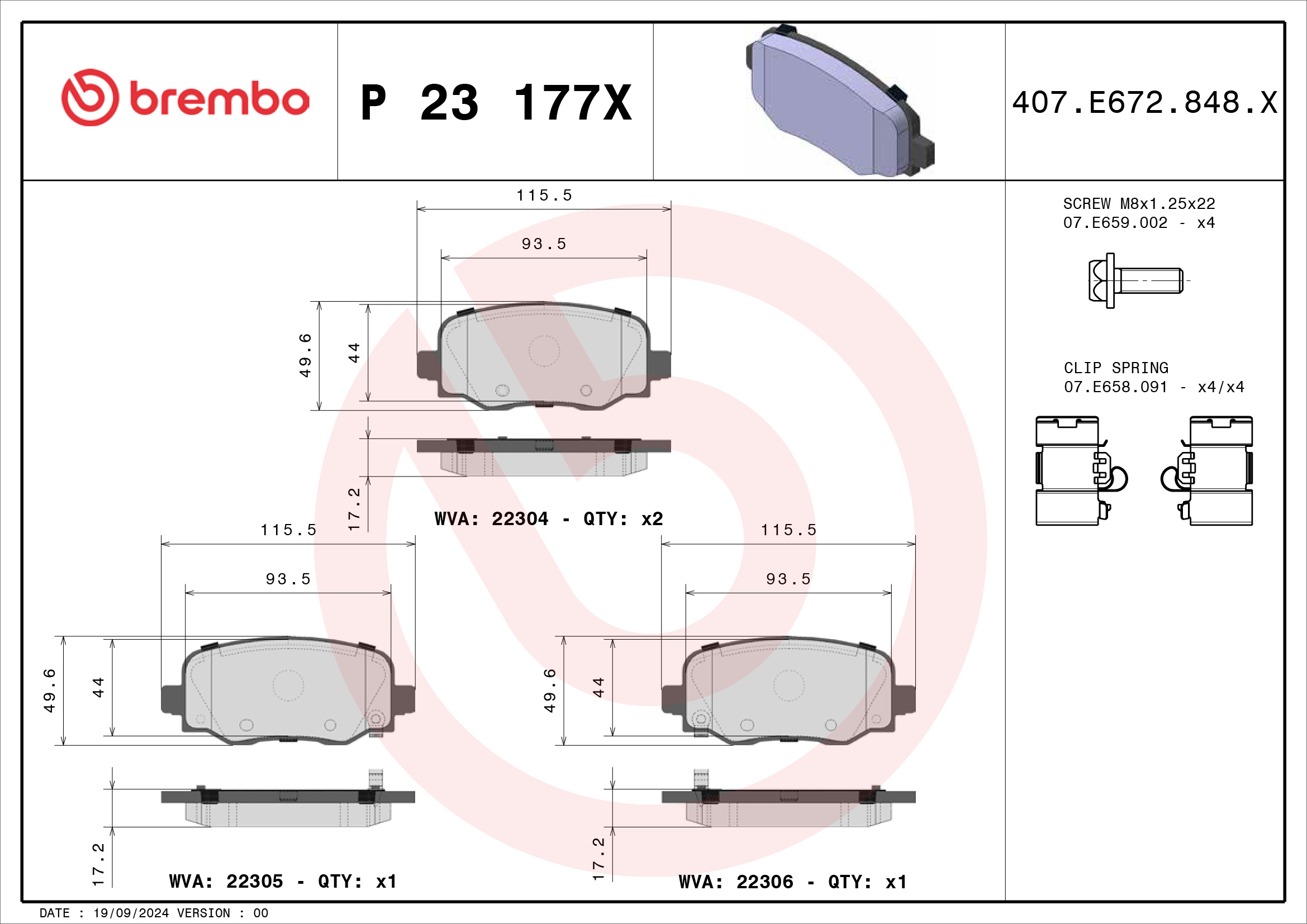 Jogo de 4 pastilhas de travão BREMBO ref. P 23 177X