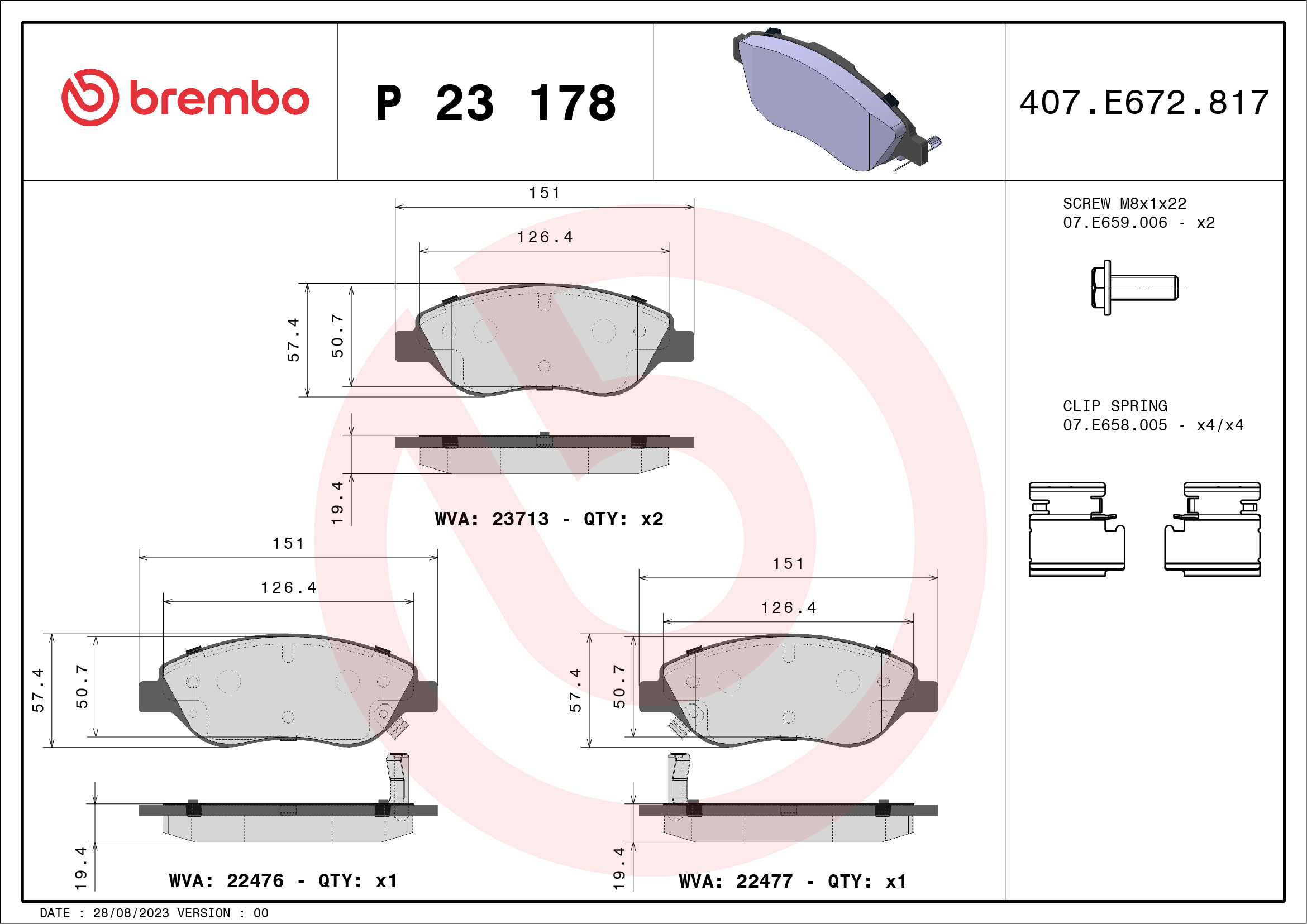 Jogo de 4 pastilhas de travão BREMBO ref. P 23 178