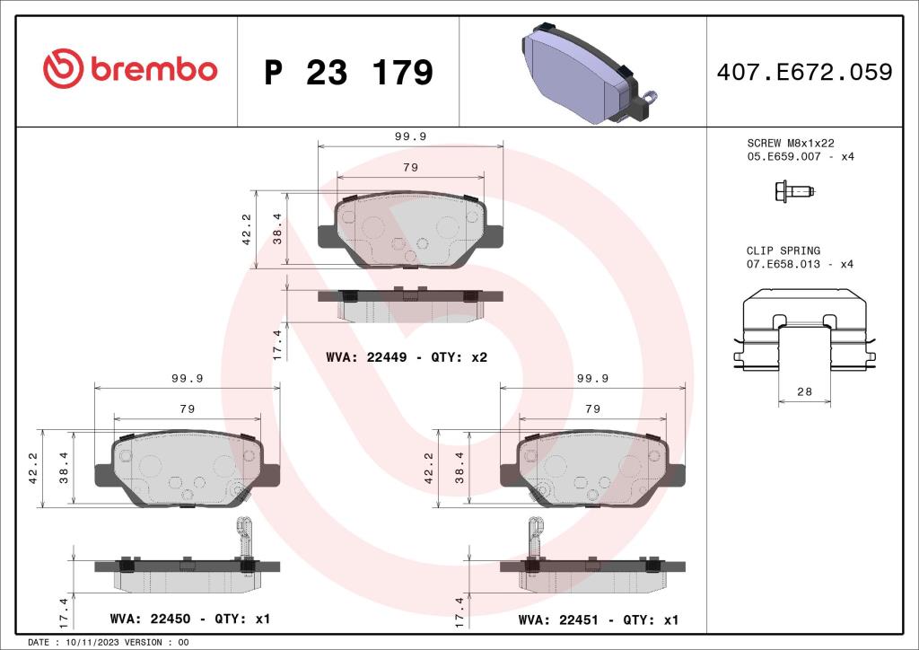 Jogo de 4 pastilhas de travão BREMBO ref. P 23 179