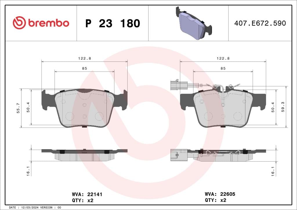 Jeu de 4 plaquettes de frein BREMBO ref. P 23 180