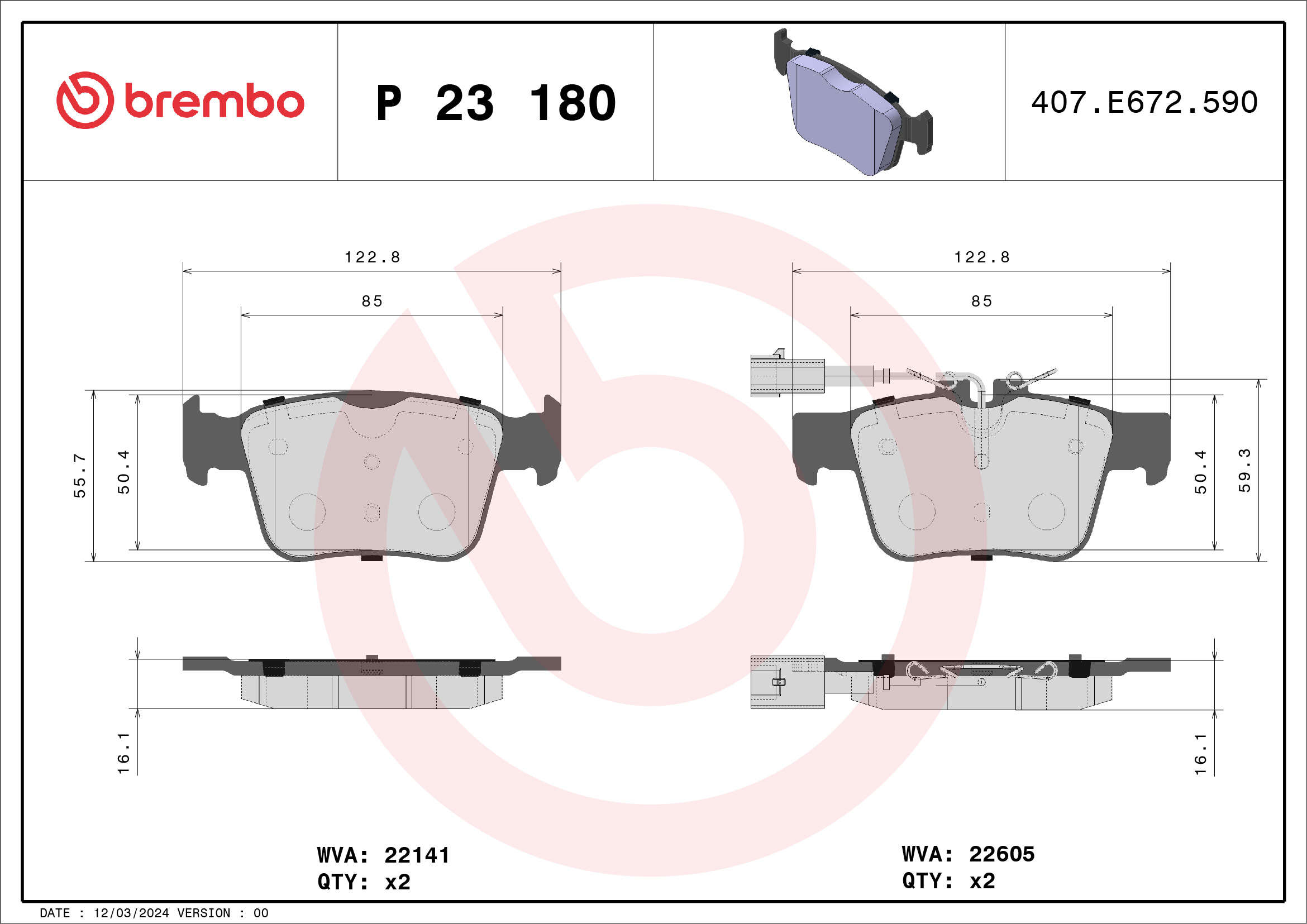 Jeu de 4 plaquettes de frein BREMBO ref. P 23 180