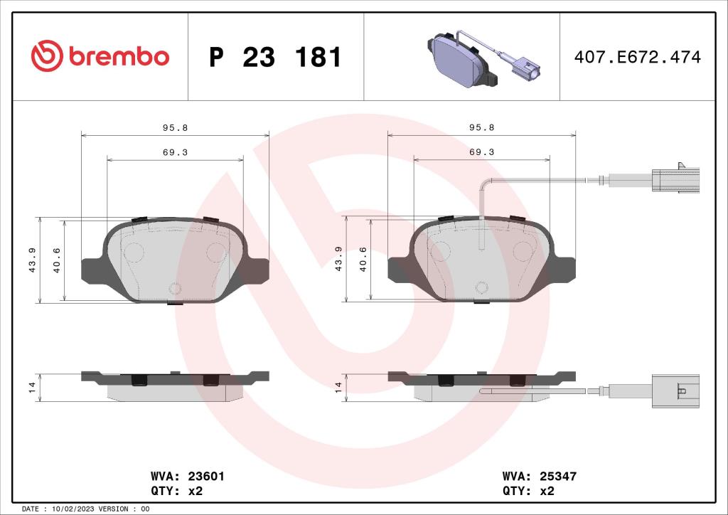 Jogo de 4 pastilhas de travão BREMBO ref. P 23 181