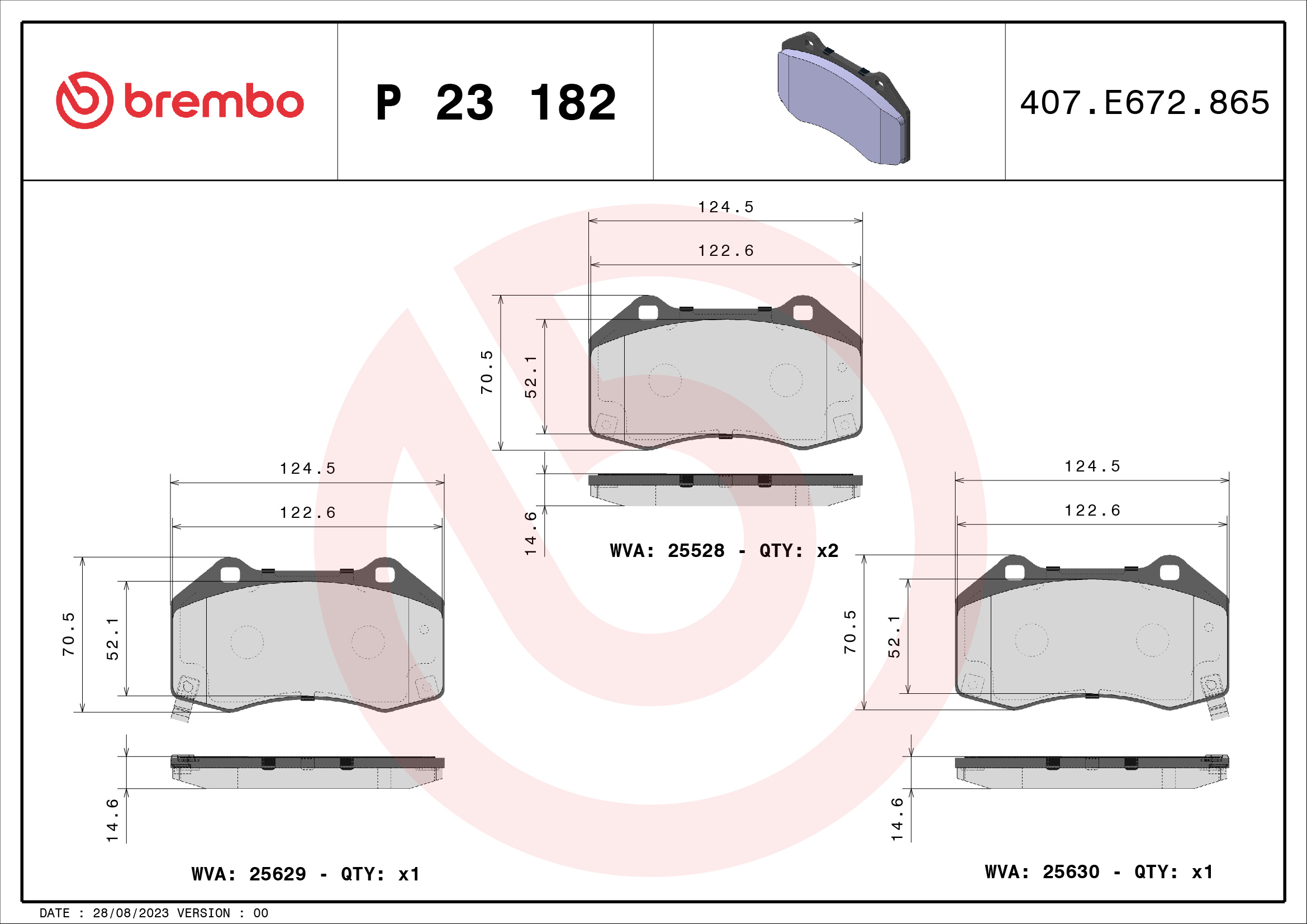 Jogo de 4 pastilhas de travão BREMBO ref. P 23 182