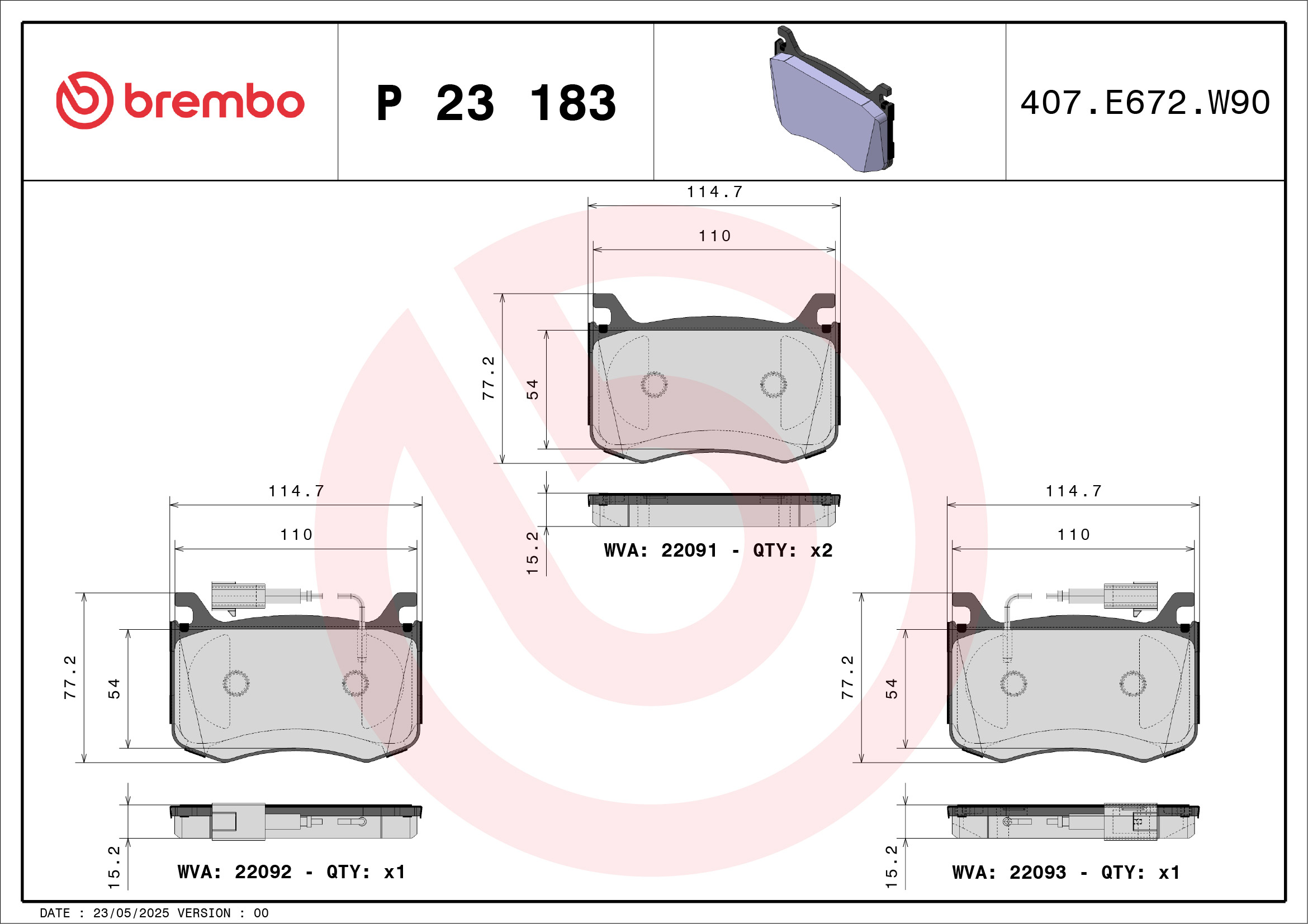 Jeu de 4 plaquettes de frein BREMBO ref. P 23 183
