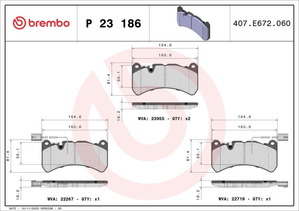 Jogo de 4 pastilhas de travão BREMBO ref. P 23 186