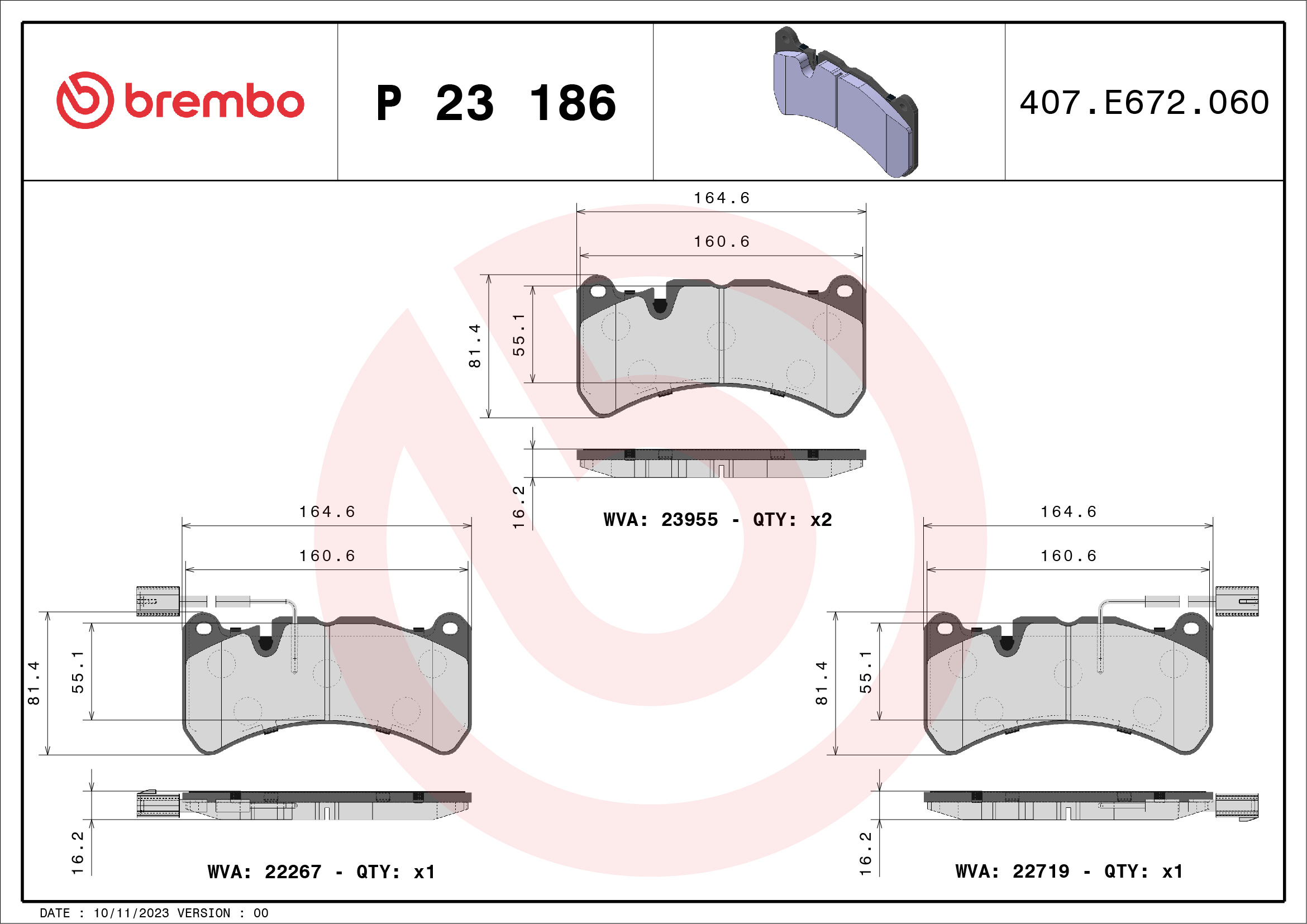 Jogo de 4 pastilhas de travão BREMBO ref. P 23 186