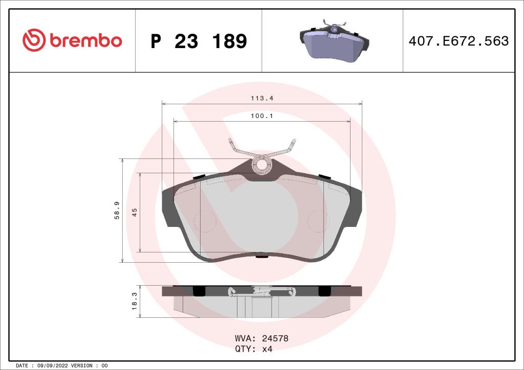 Jogo de 4 pastilhas de travão BREMBO ref. P 23 189