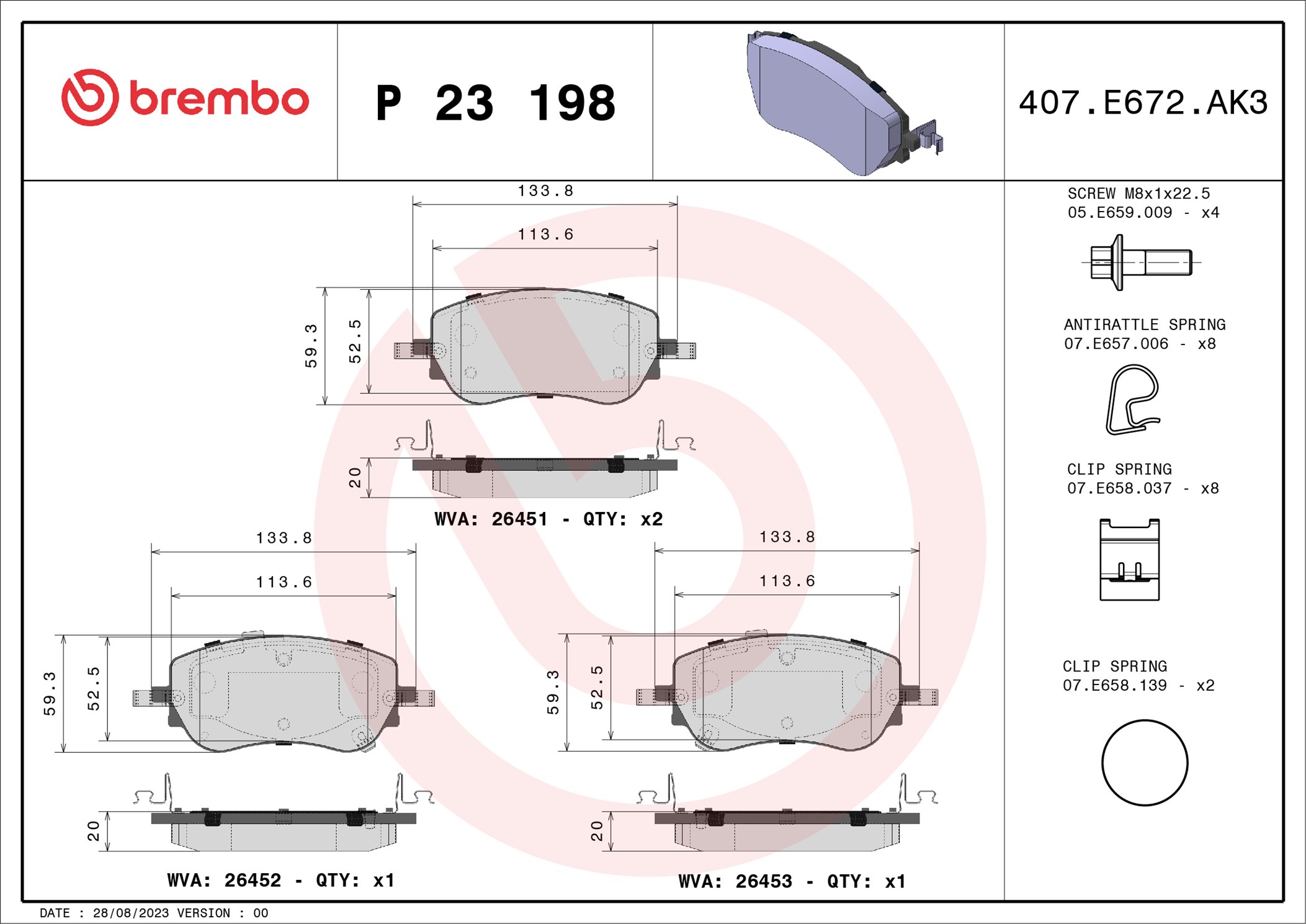 Jogo de 4 pastilhas de travão BREMBO ref. P 23 198