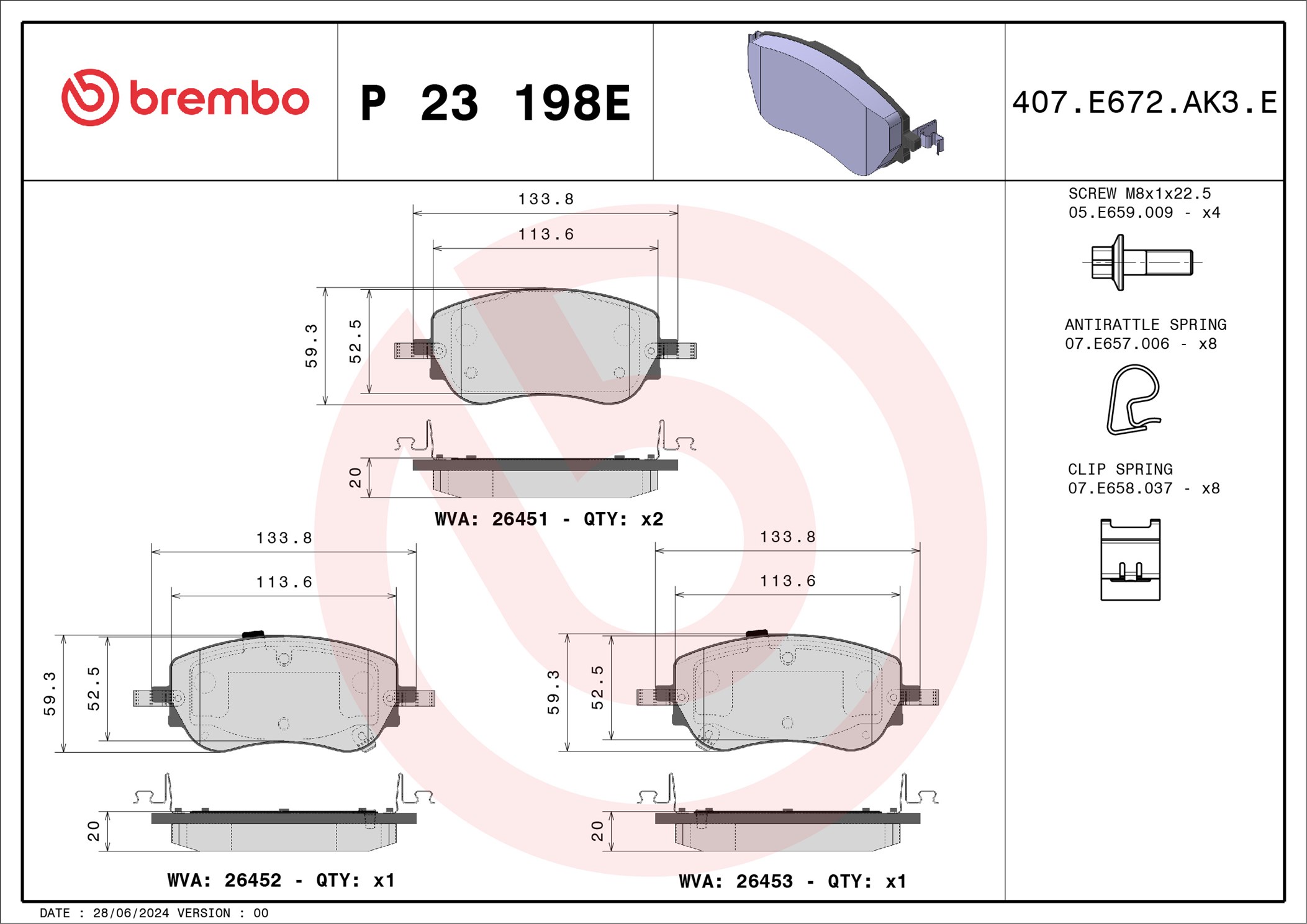 Jogo de 4 pastilhas de travão BREMBO ref. P 23 198E