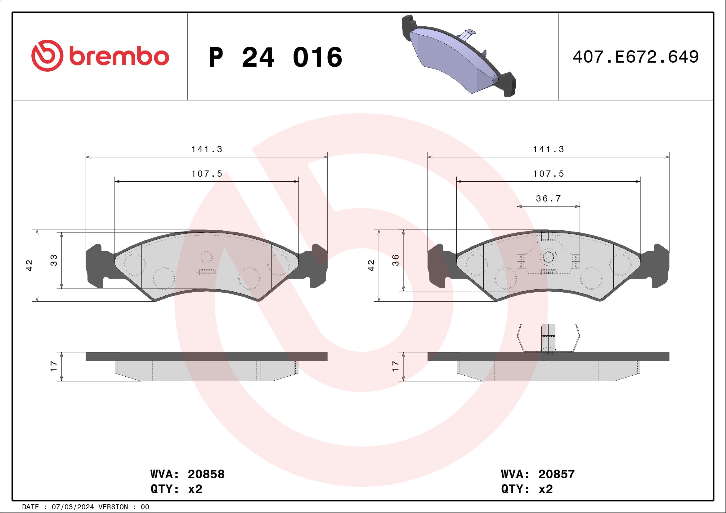 Jeu de 4 plaquettes de frein BREMBO ref. P 24 016