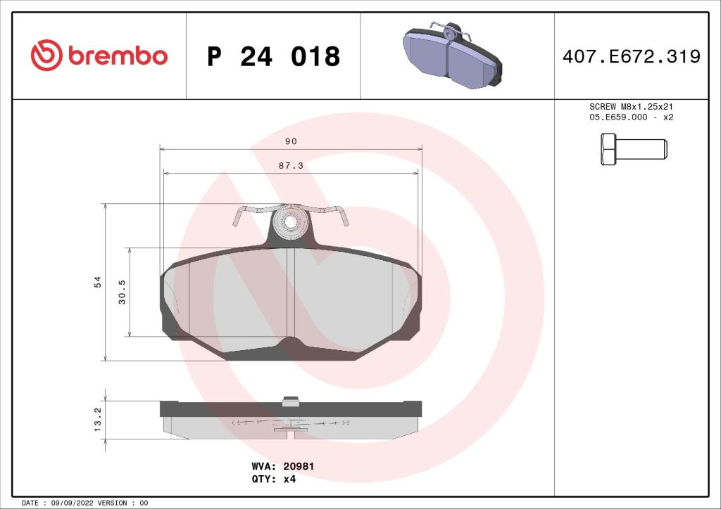 Jeu de 4 plaquettes de frein BREMBO ref. P 24 018