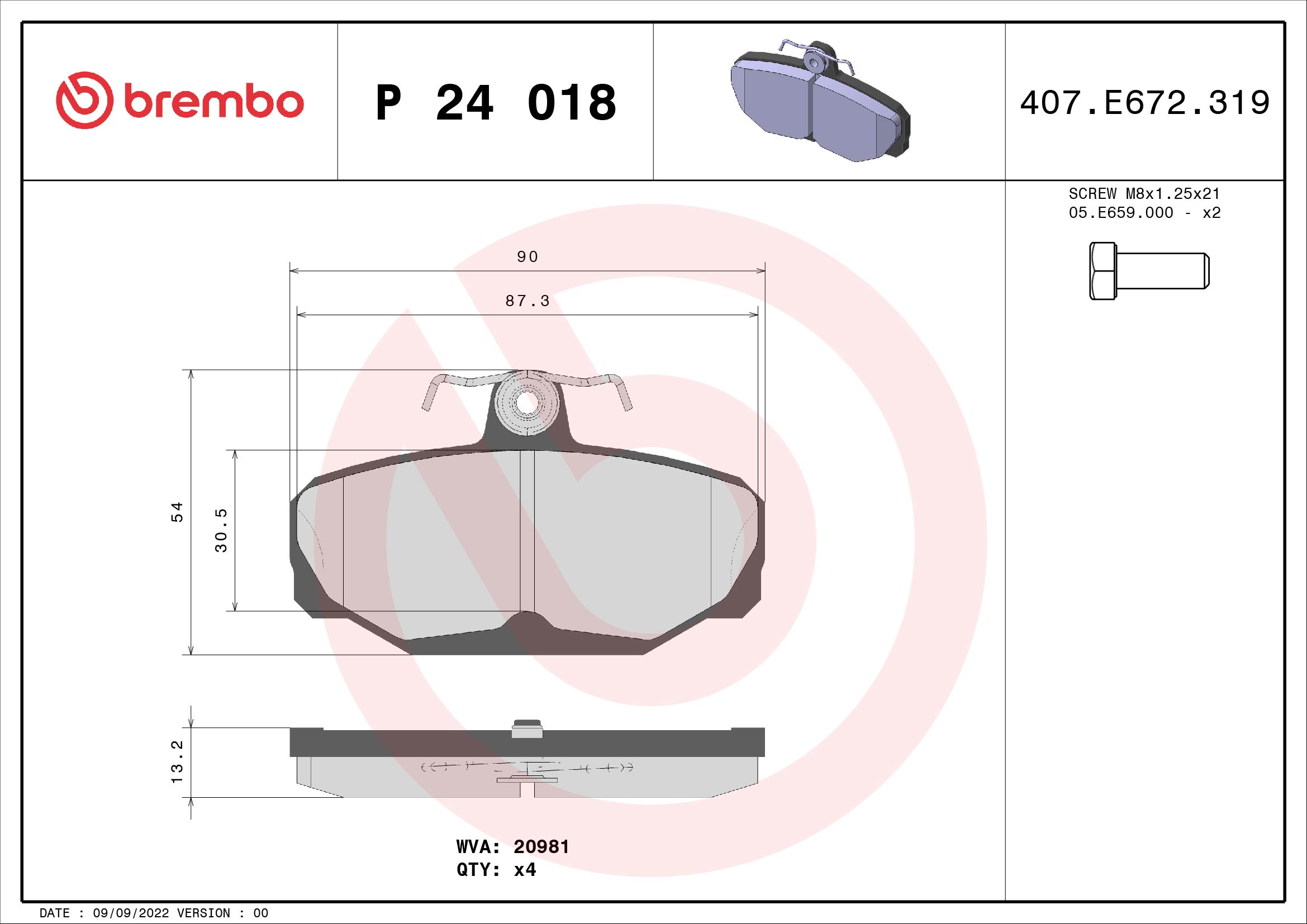 Jeu de 4 plaquettes de frein BREMBO ref. P 24 018