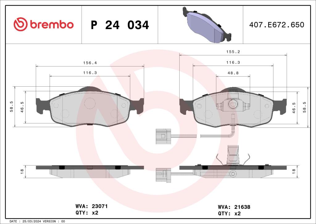 Jogo de 4 pastilhas de travão BREMBO ref. P 24 034