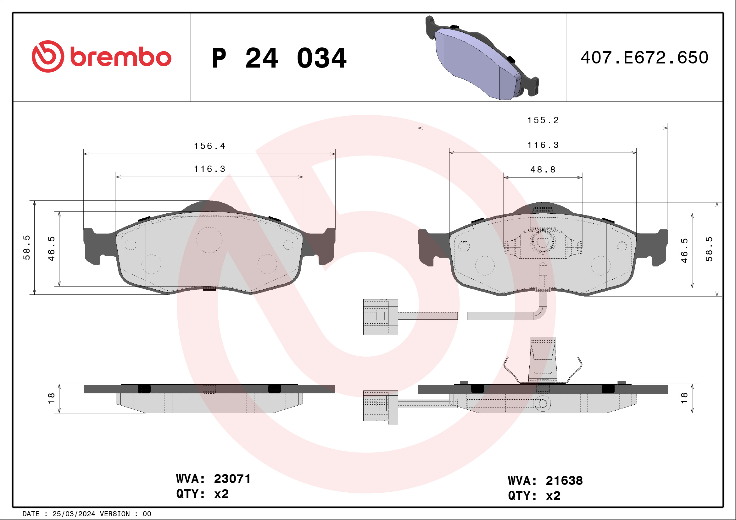 Jogo de 4 pastilhas de travão BREMBO ref. P 24 034