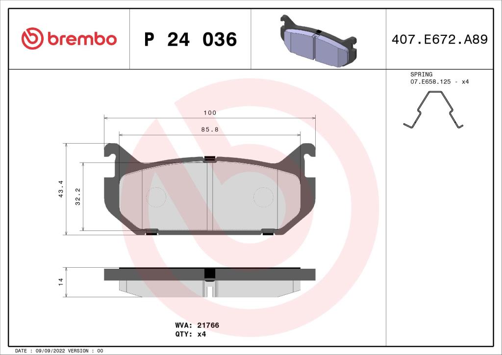 Jeu de 4 plaquettes de frein BREMBO ref. P 24 036