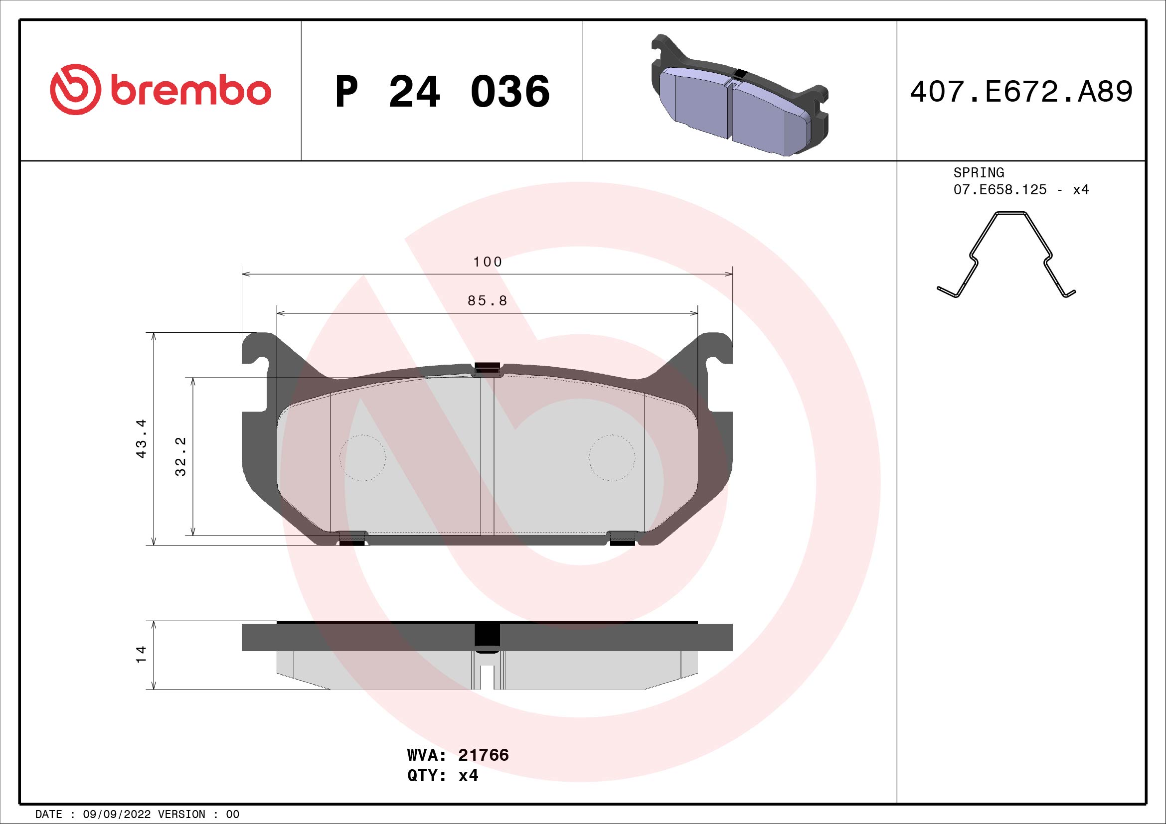 Jeu de 4 plaquettes de frein BREMBO ref. P 24 036