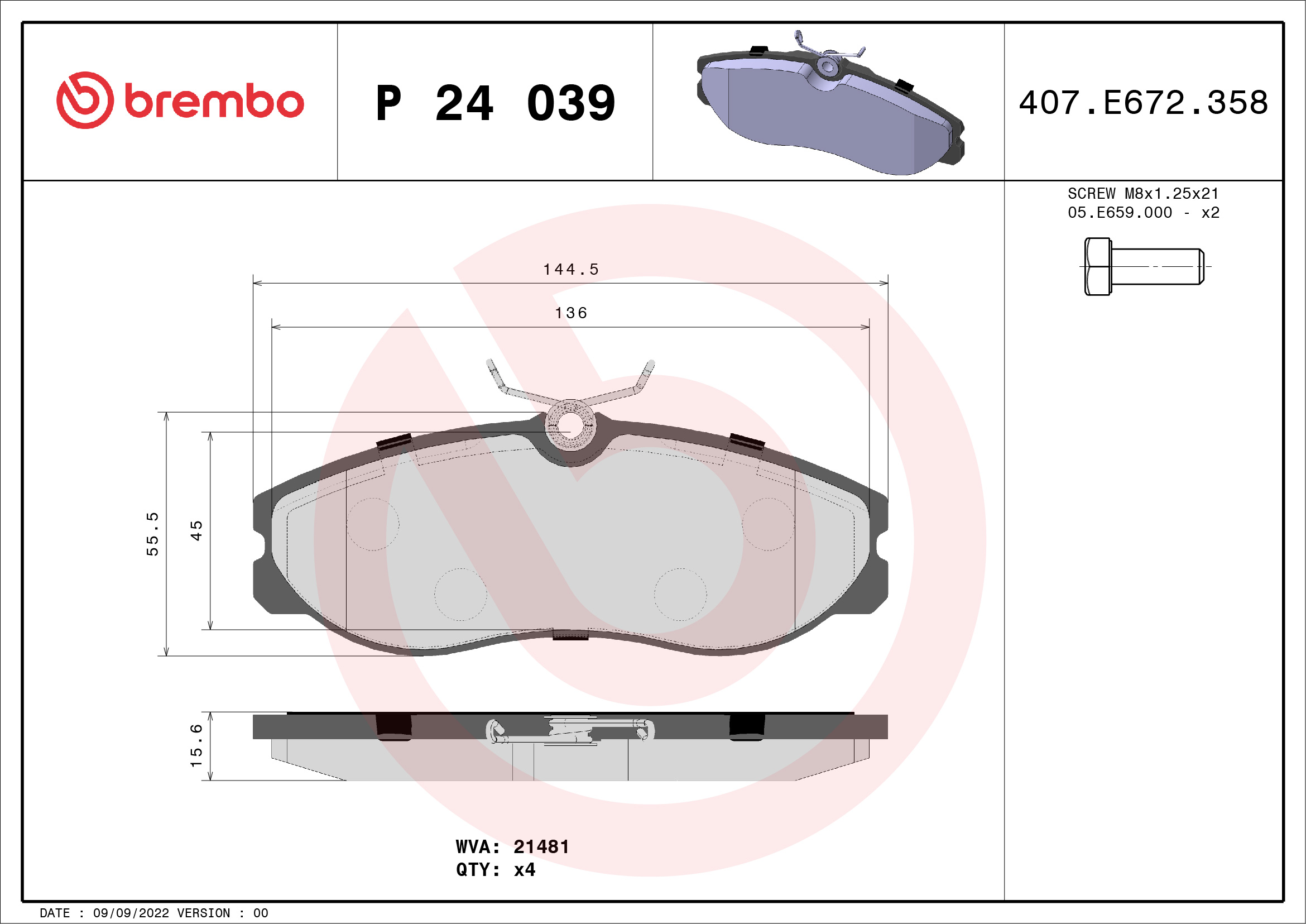 Jeu de 4 plaquettes de frein BREMBO ref. P 24 039