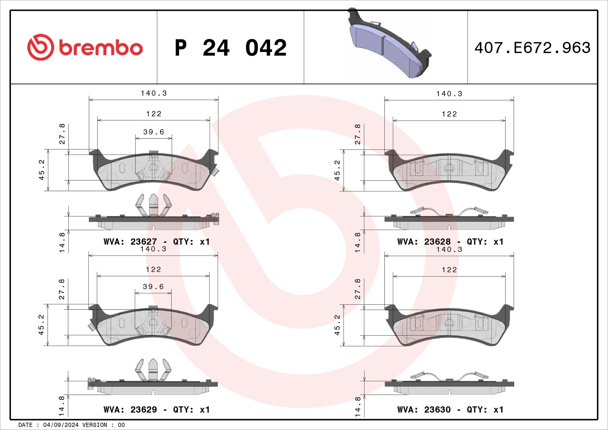 Jeu de 4 plaquettes de frein BREMBO ref. P 24 042