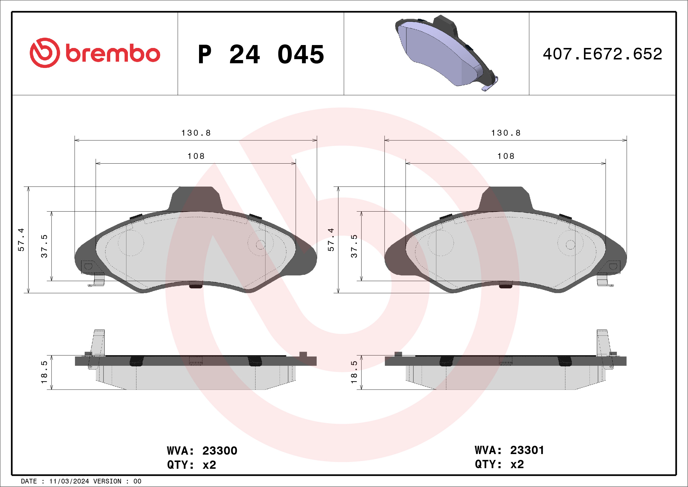 Jeu de 4 plaquettes de frein BREMBO ref. P 24 045